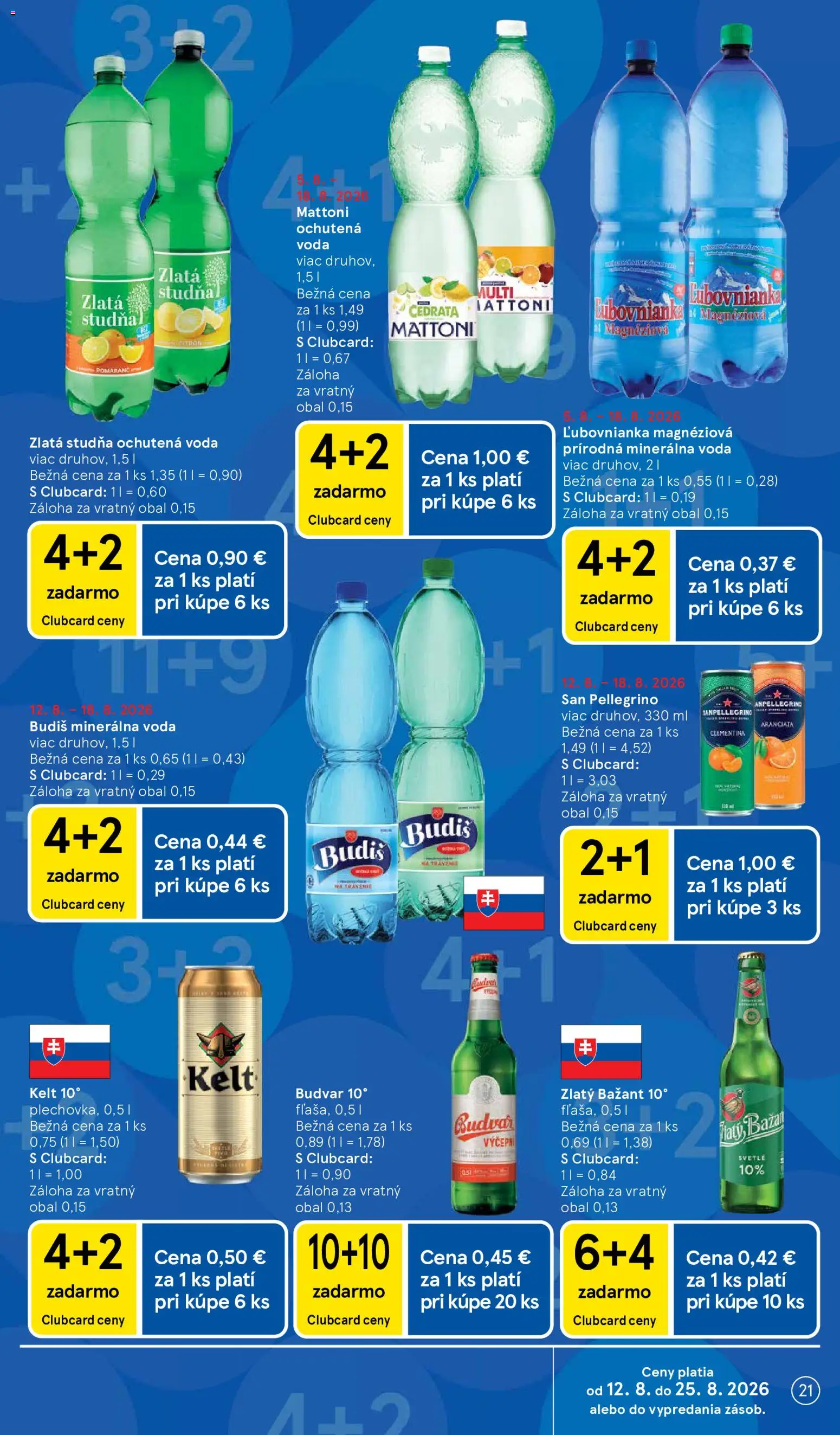 Nové Tesco akcie – leták je platný od 12.08.2026 | Strana: 21 | Produkty: Kelt, Ochutená voda, Budvar, Mattoni