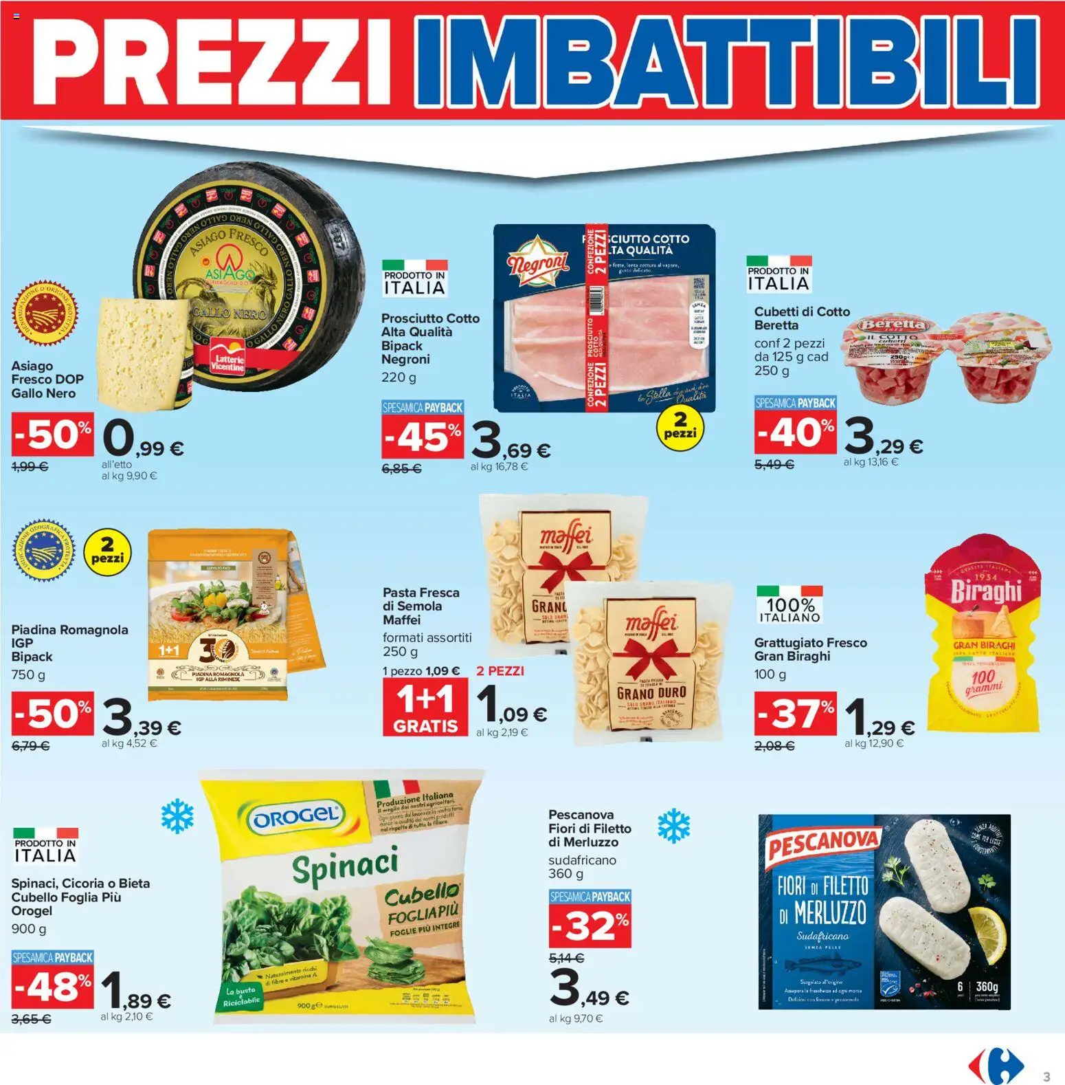 Volantino Carrefour del 16.06.2026 | Pagina: 3 | Prodotti: Prosciutto Cotto, Merluzzo, Latte, Pasta