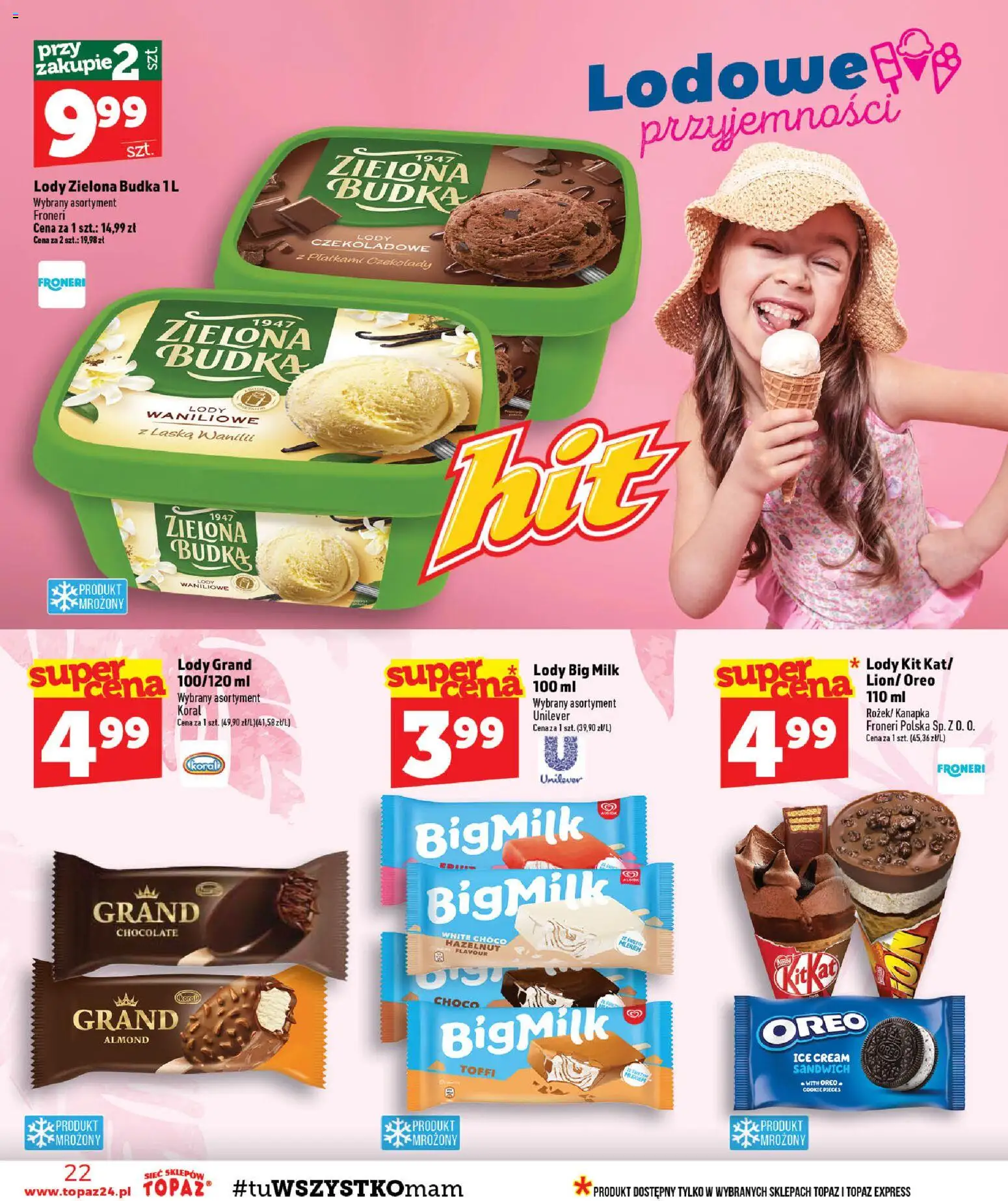 Topaz gazetka - MAZ od 27.08.2026 | Strona: 22 | Produkty: Oreo, Sandwich, Lody Big Milk, Lody waniliowe