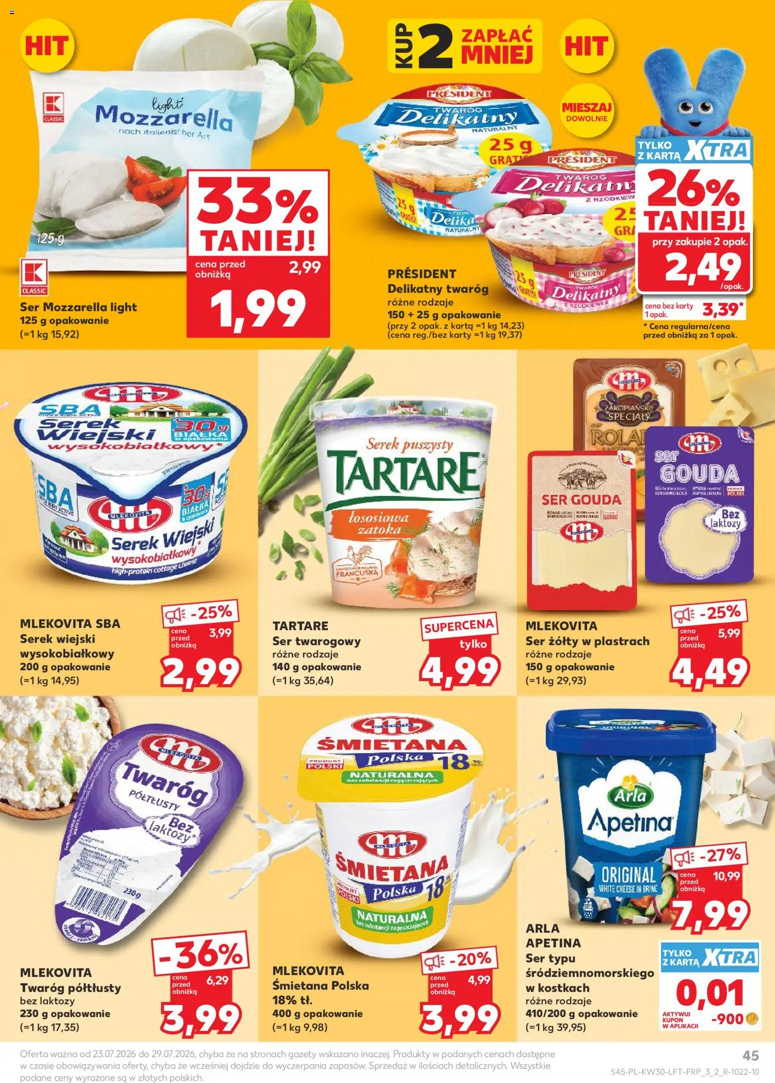 Kaufland gazetka od 23.07.2026 | Strona: 45 | Produkty: Ser żółty, Karta, Ser, Serek wiejski wysokobiałkowy