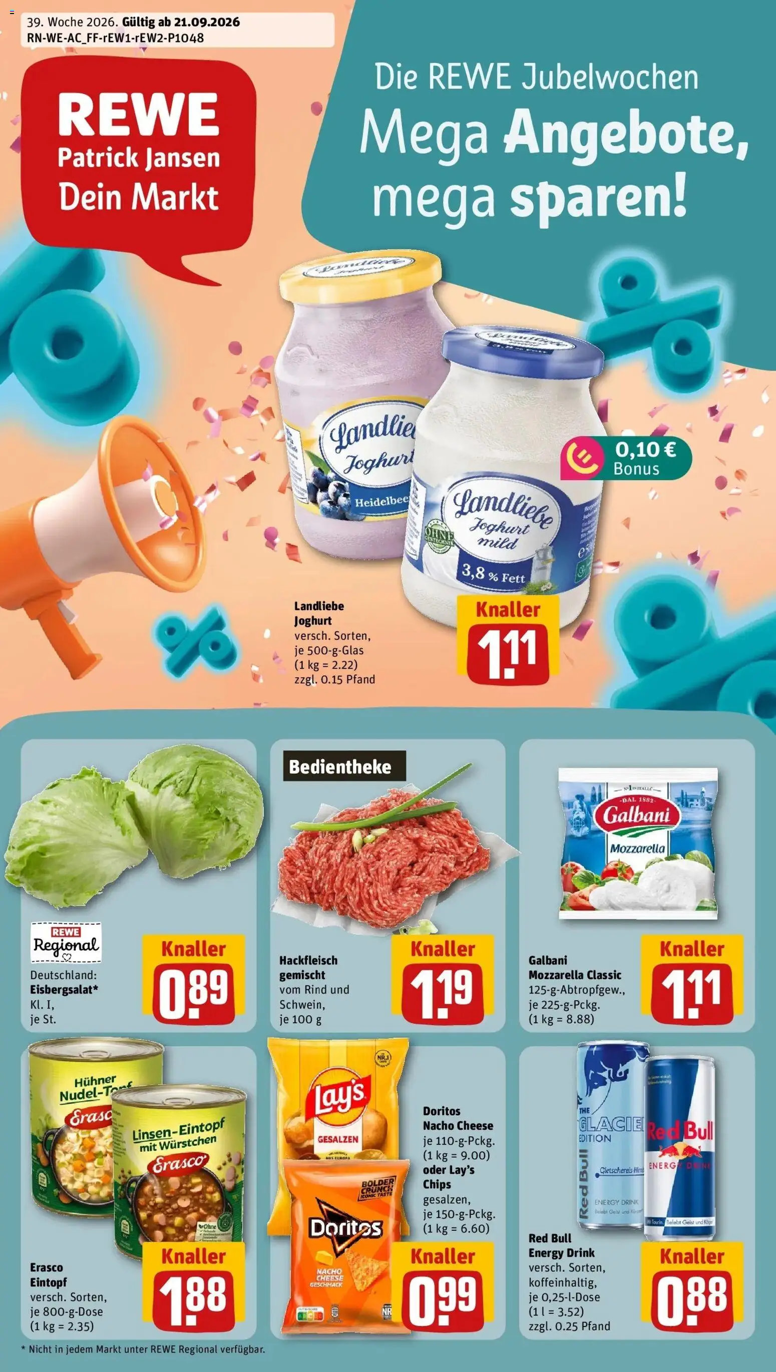 REWE Prospekt ab 21.09.2026 zum Blättern » Angebote | Seite: 1 | Produkte: Red bull, Energy, Erasco, Hackfleisch