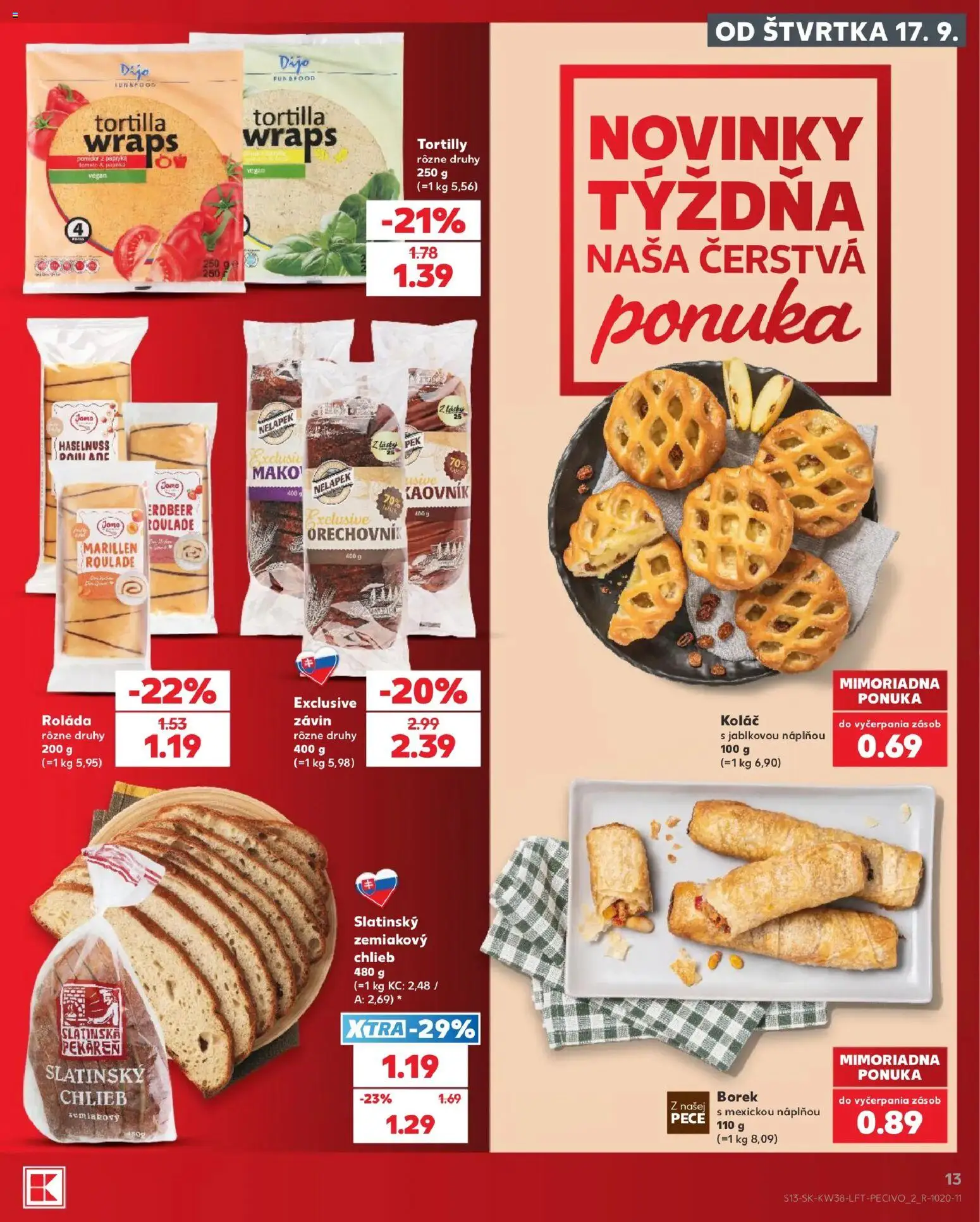 Nové Kaufland akcie – leták je platný od 17.09.2026 | Strana: 13 | Produkty: Pekáreň, Tortilla, Závin, Tortilly
