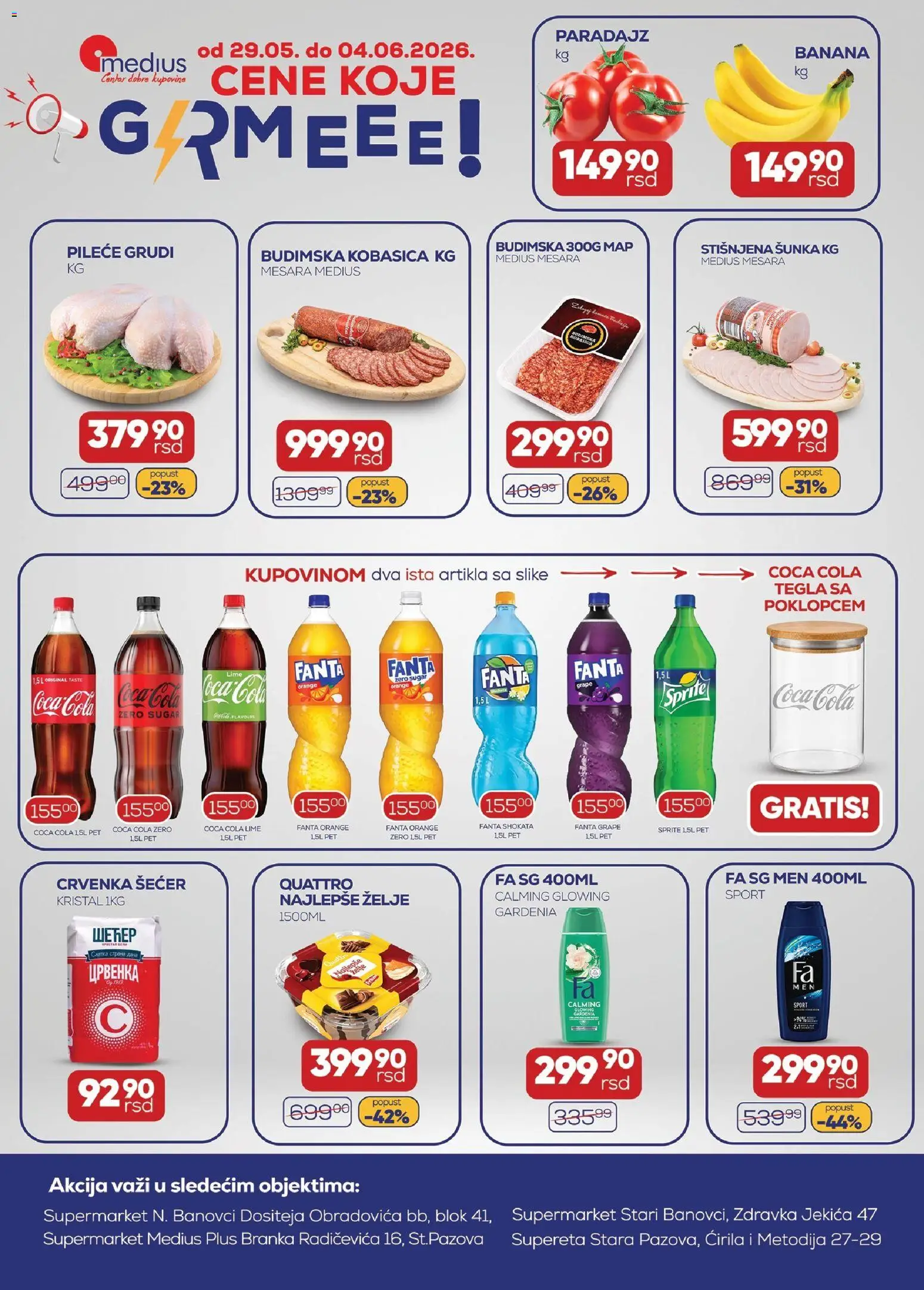 Medius katalog - važi od 29.05.2026 | Strana: 1 | Proizvode: Banana, Coca Cola, Pileće grudi, Šunka