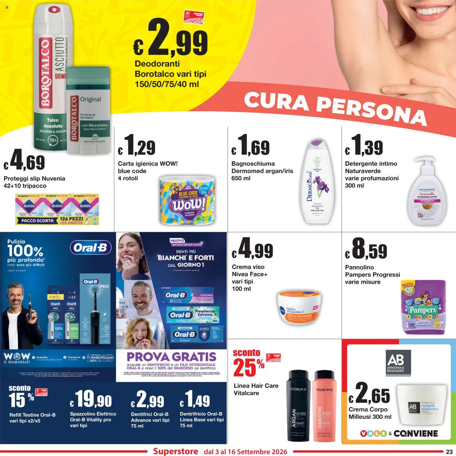 Volantino Sì con Te del 03/09/2026 | Pagina: 23 | Prodotti: Bagnoschiuma, Dentifricio, Proteggi slip, Pampers