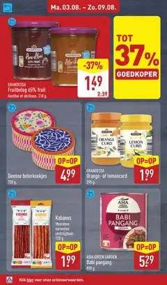 GRANDESSA Fruitbeleg 65% fruit, Fruitbeleg aardbei of abrikoos. 310 g. - Voorbeeld van een folder van Aldi, geldig van 03-08-2026 | Pagina: 14 | Producten: Waffelini, Fruit, Aardbei
