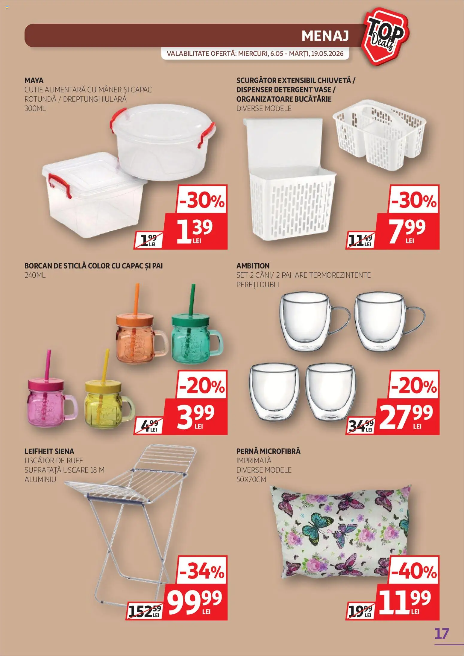 Noul catalog Auchan – valabil de la 06.05.2026 | Pagină: 17 | Produse: Uscător, Pahare, Pernă, Borcan