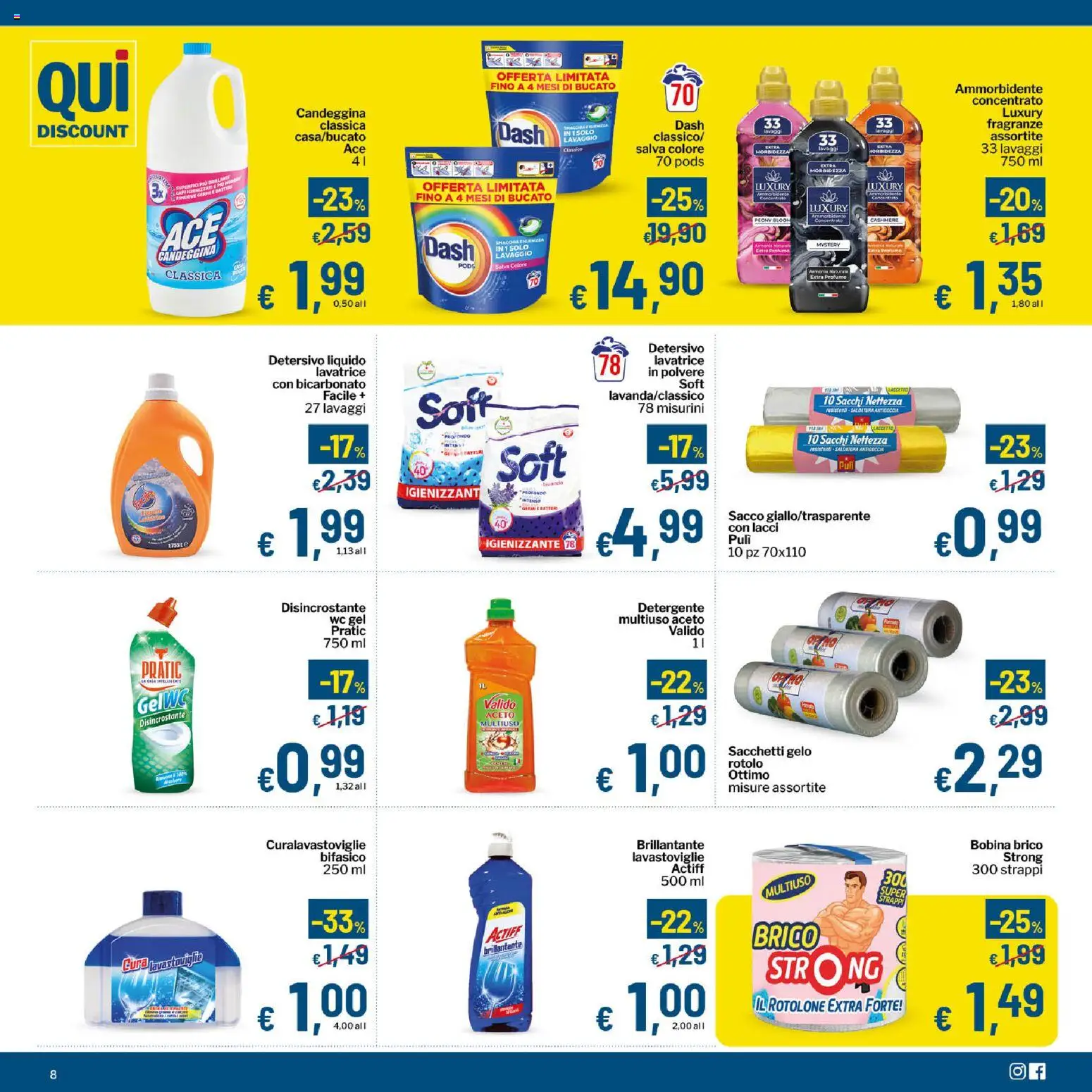 Volantino Qui Discount del 25/08/2026 | Pagina: 8 | Prodotti: Detergente, Candeggina, Lavastoviglie, WC