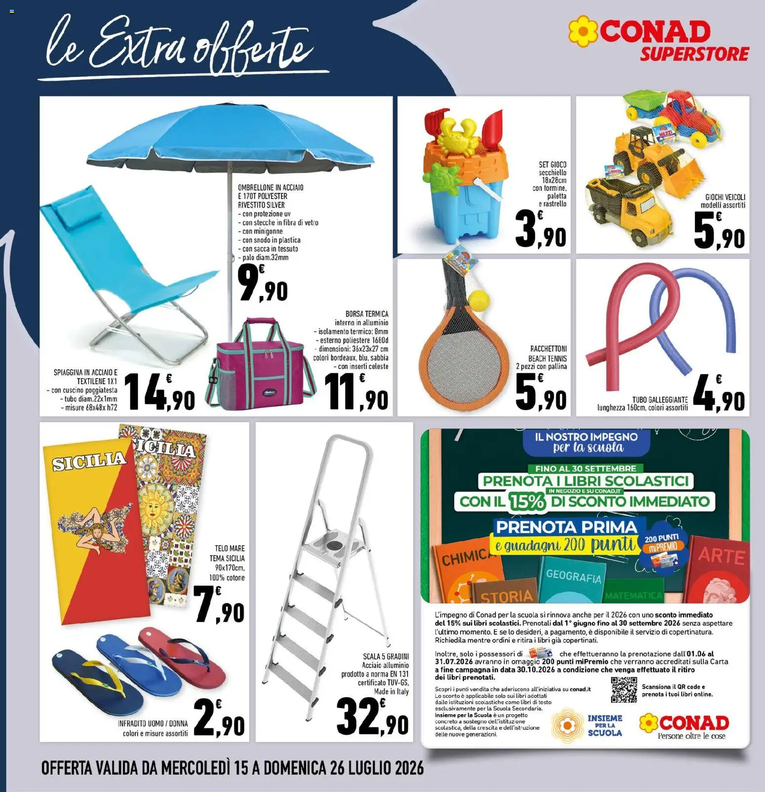 Volantino Conad del 15/07/2026 | Pagina: 26 | Prodotti: Ombrellone, Infradito, Data, Borsa