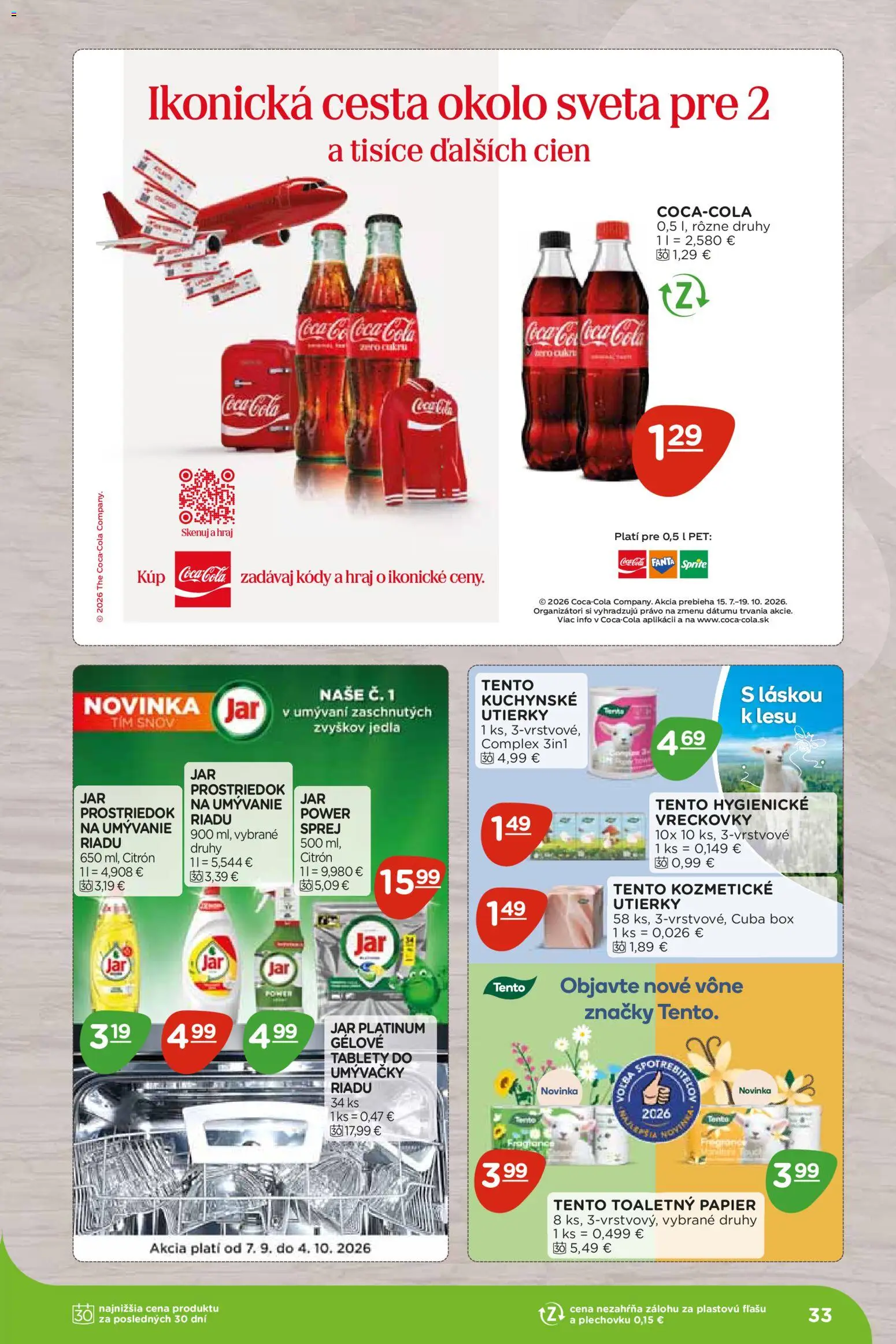 Nové Terno akcie – leták je platný od 07.09.2026 | Strana: 33 | Produkty: Sprite, Coca cola, Cola, Utierky
