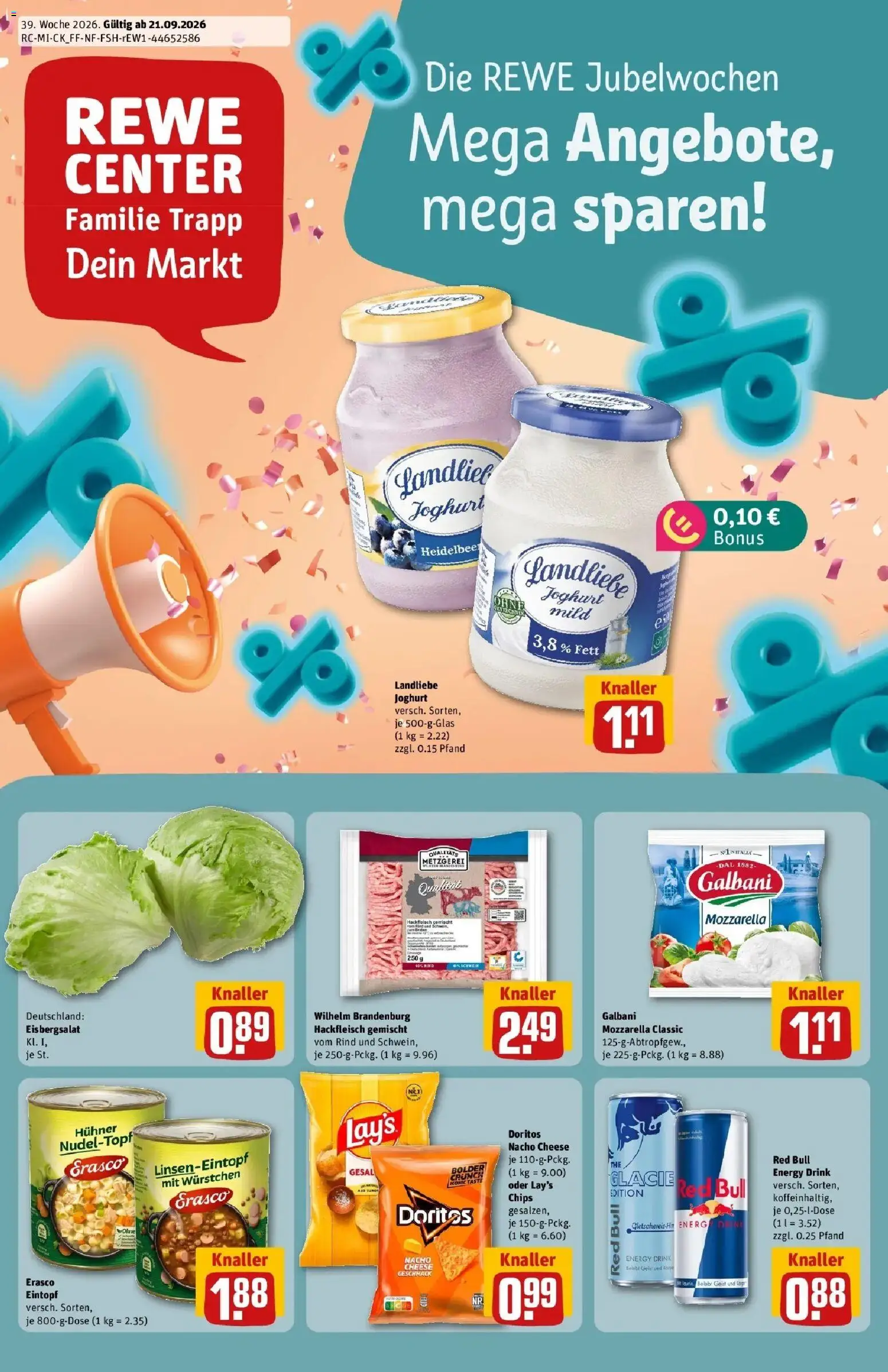 REWE Prospekt ab 21.09.2026 zum Blättern » Angebote | Seite: 1 | Produkte: Mozzarella, Eisbergsalat, Landliebe joghurt, Erasco