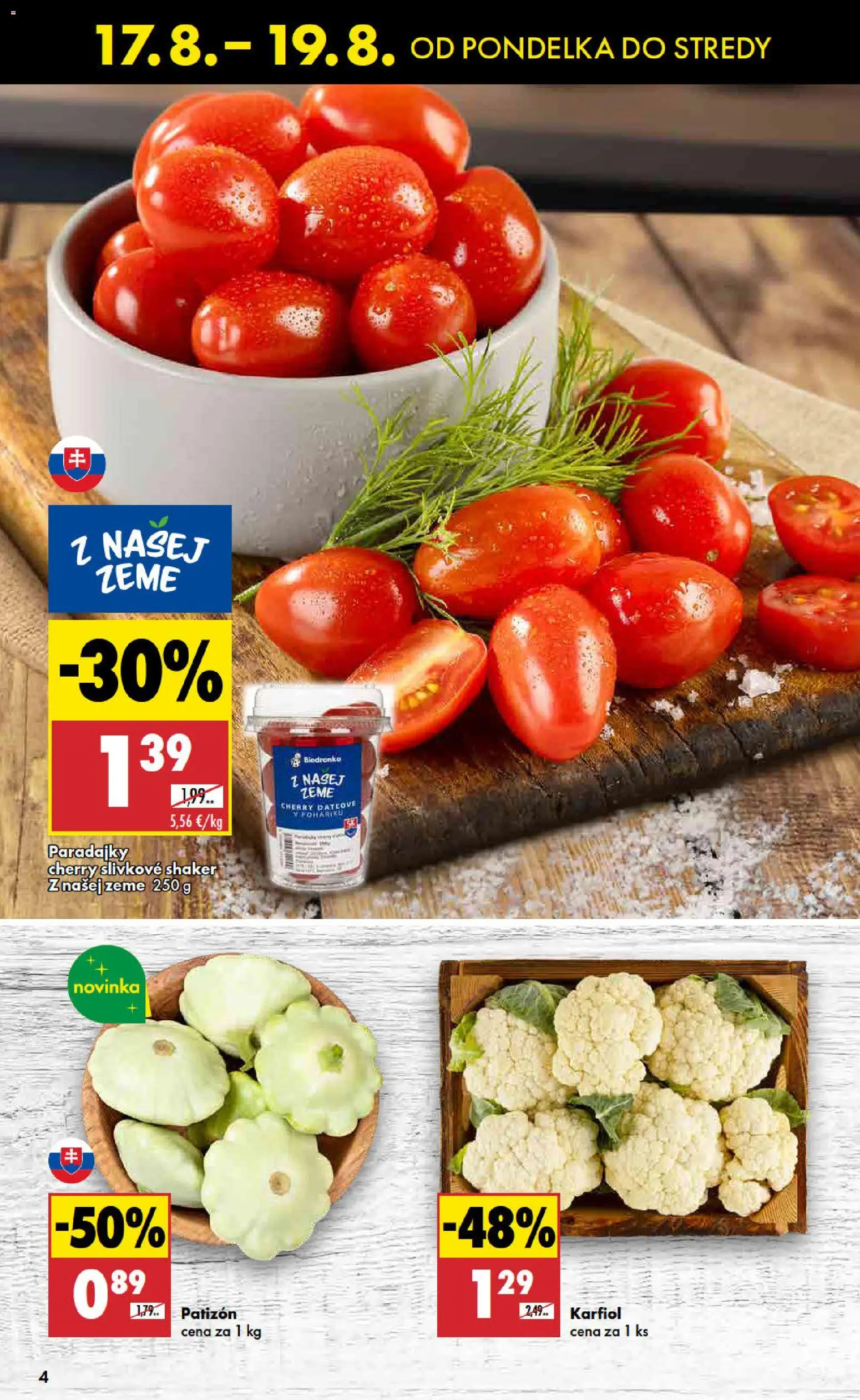 Nové Biedronka akcie – leták je platný od 17.08.2026 | Strana: 4 | Produkty: Paradajky, Karfiol
