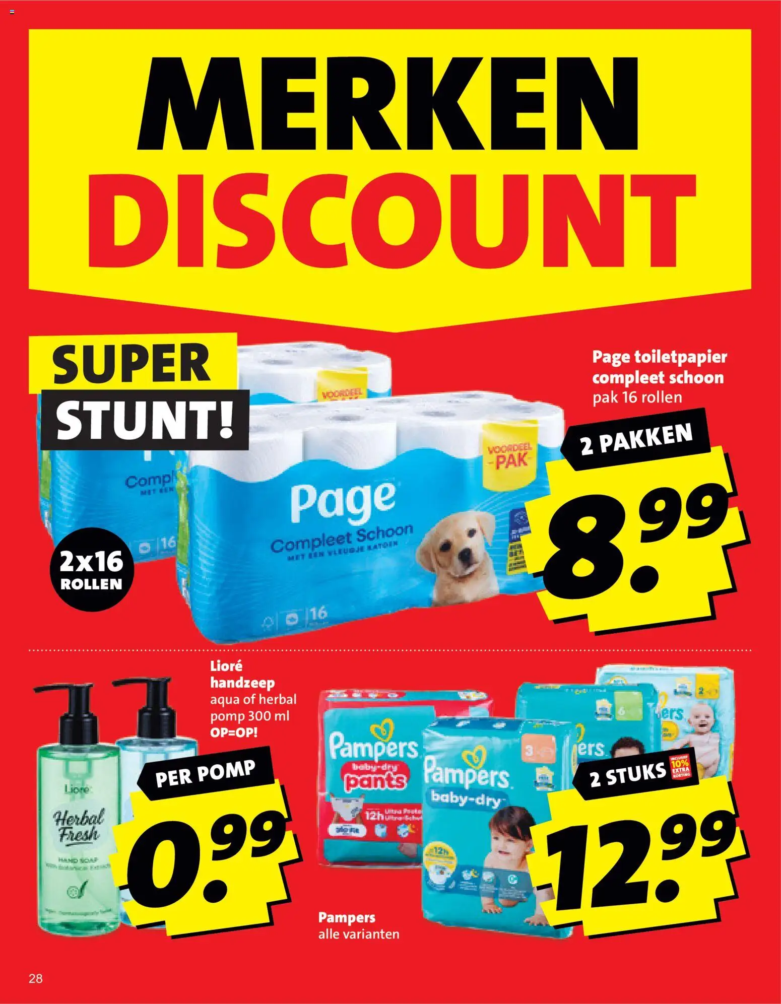 {H1} | Pagina: 28 | Producten: Pampers, Handzeep, Toiletpapier
