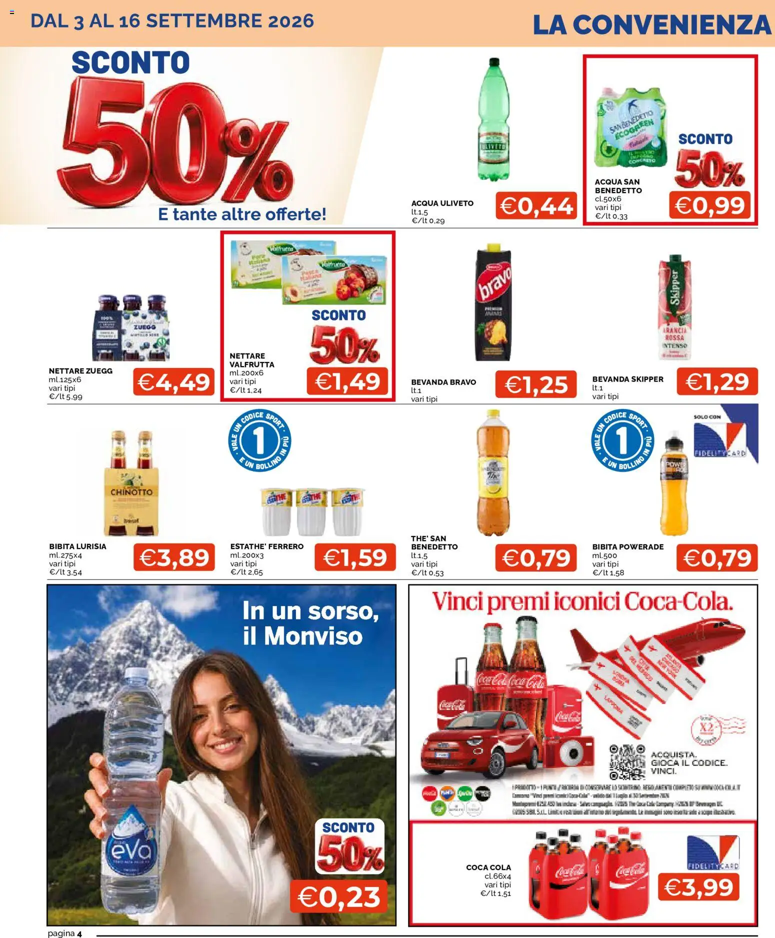 Volantino Mercatò del 03/09/2026 | Pagina: 4 | Prodotti: Chinotto, Acqua, Bibita, Coca Cola