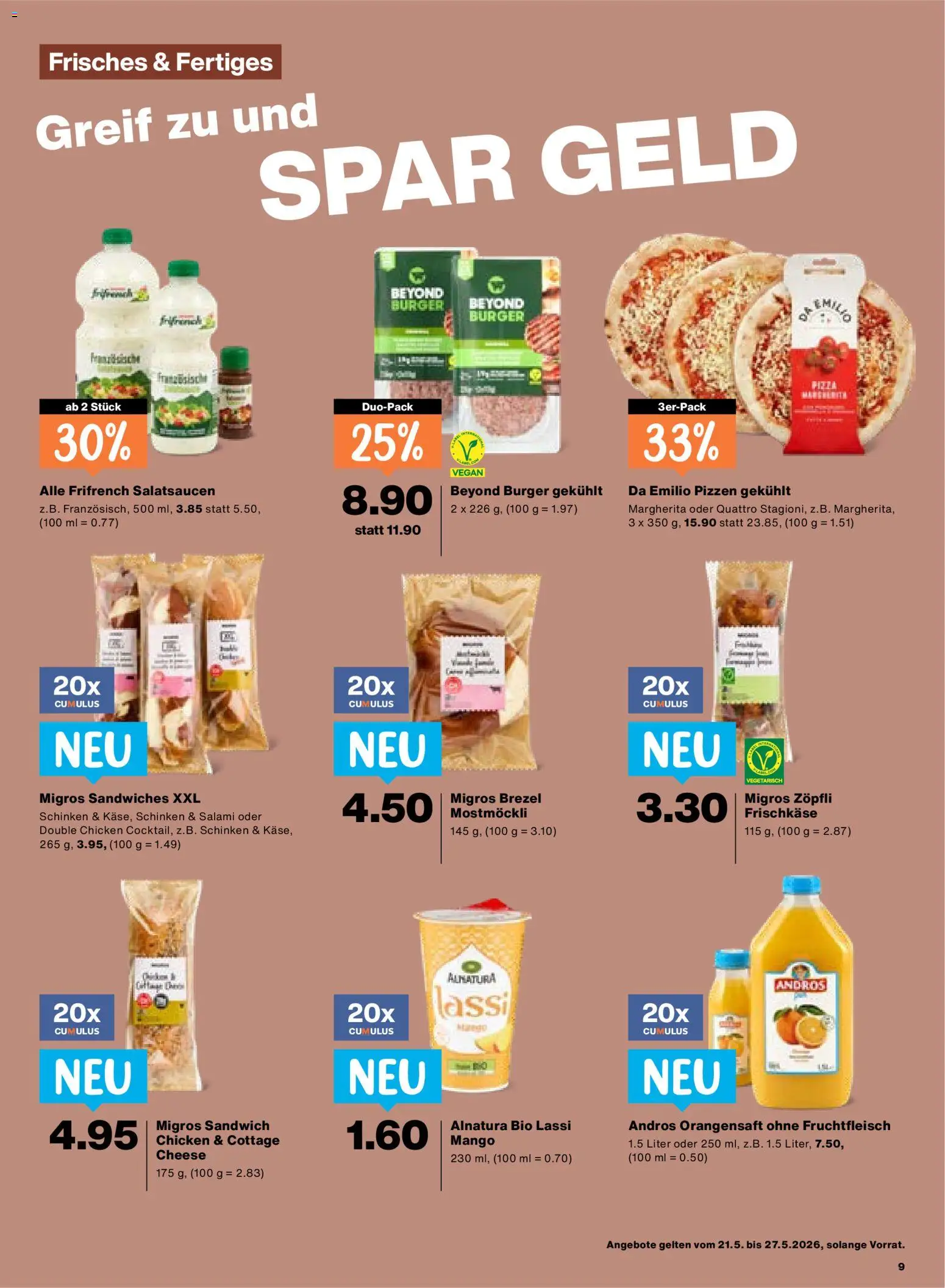Migros aktionen – gültig ab 21.05.2026 | Seite: 9 | Produkte: Dressing, Burger, Orangensaft, Mango