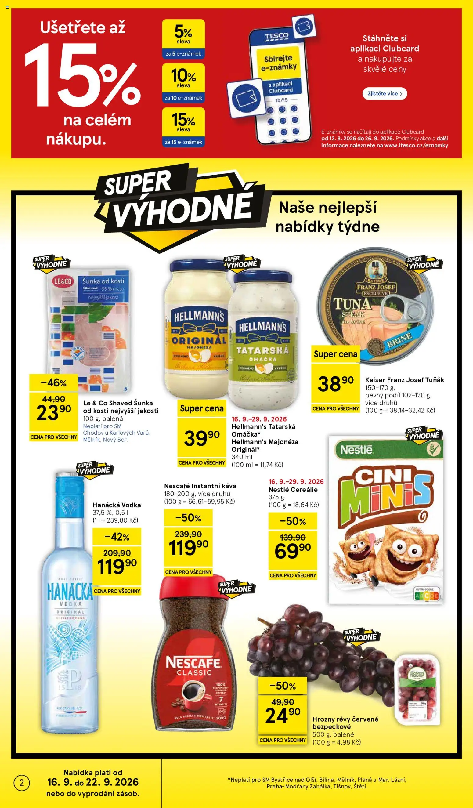 Tesco leták - Supermarket od 16.09.2026 | Strana: 2 | Produkty: Tatarská omáčka Hellmann's, Hanácká vodka, Káva, Hrozny