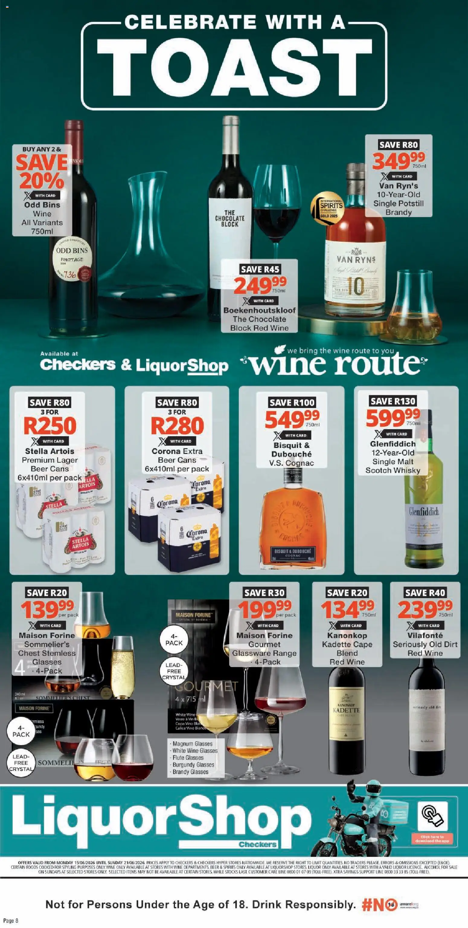 New Checkers catalogue – valid from 15.06.2026 | Page: 8 | Products: Brandy, Chocolate, Beer, Ensalada de quino