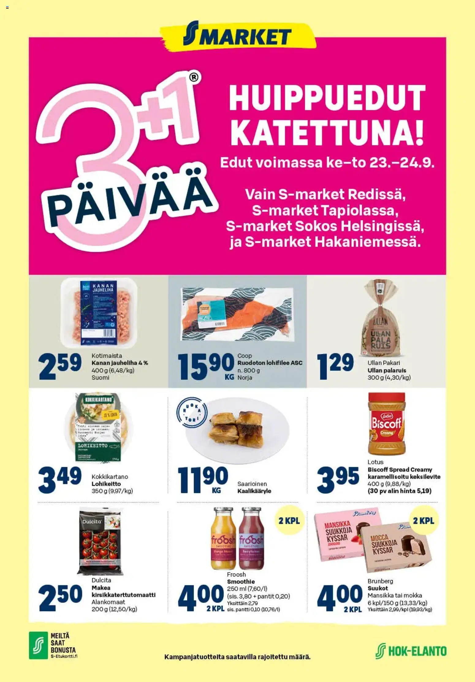 S-market 3+1 päivää – voimassa 23/09/2026 alkaen | Sivu: 1 | Tuotteet: Jauheliha, Smoothie, Lotus, Suukot