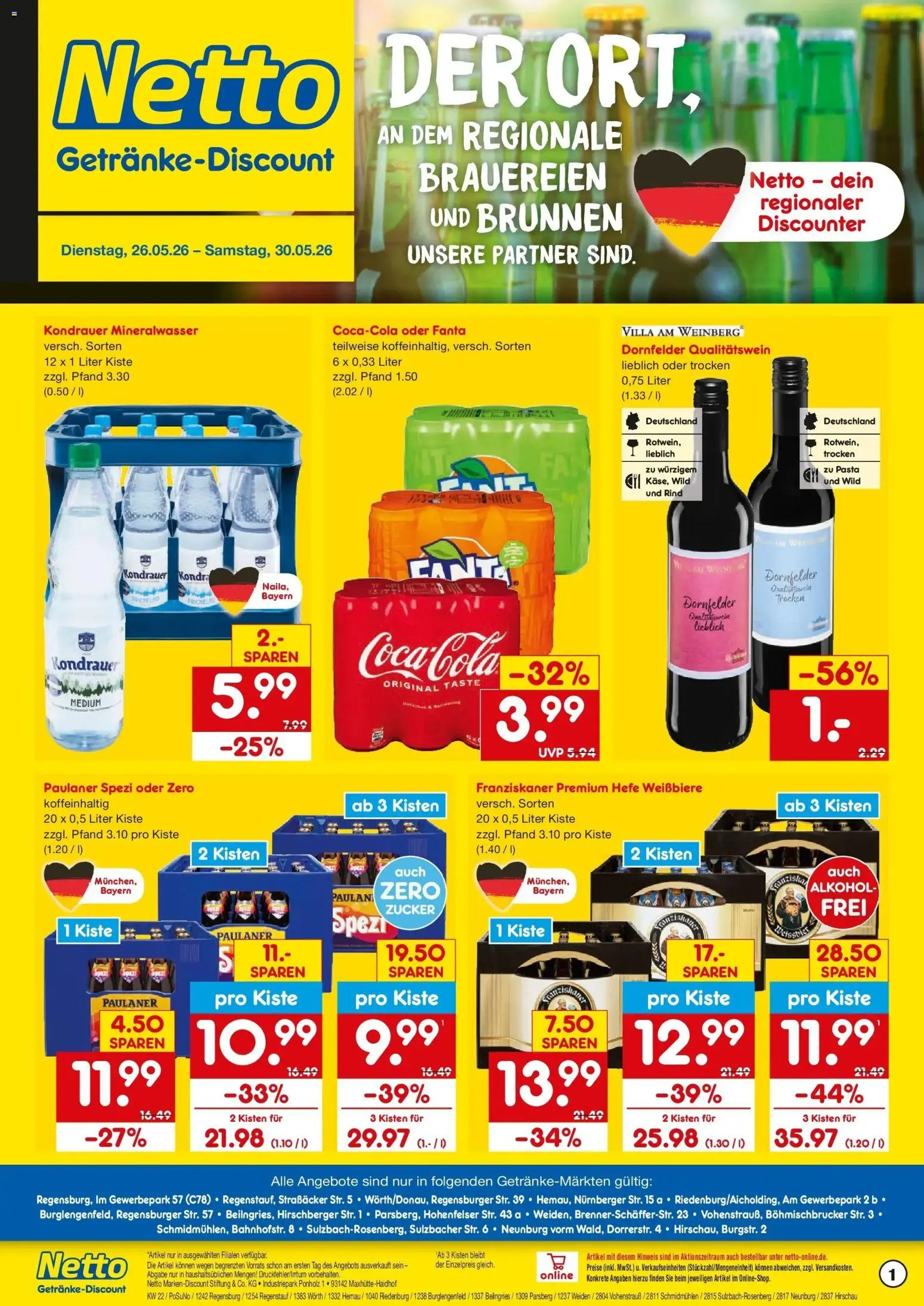 Netto Marken-Discount Prospekt Sulzbach-Rosenberg – gültig ab 26.05.2026 | Seite: 1 | Produkte: Paulaner spezi, Zucker, Pasta, Paulaner