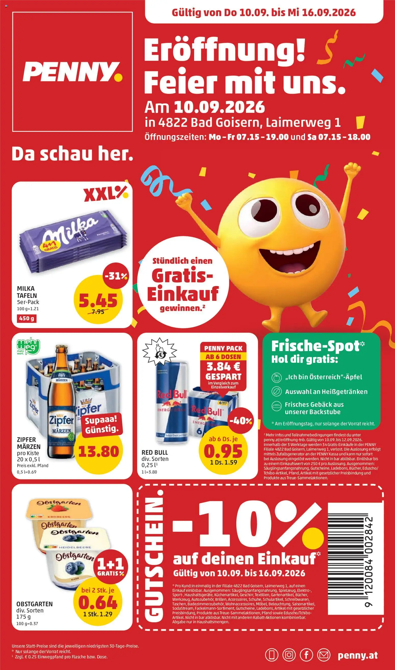 Penny Markt Eröffnung in 4822 Bad Goisern gültig ab 10.09.2026 | Seite: 1 | Produkte: Bad, Gebäck