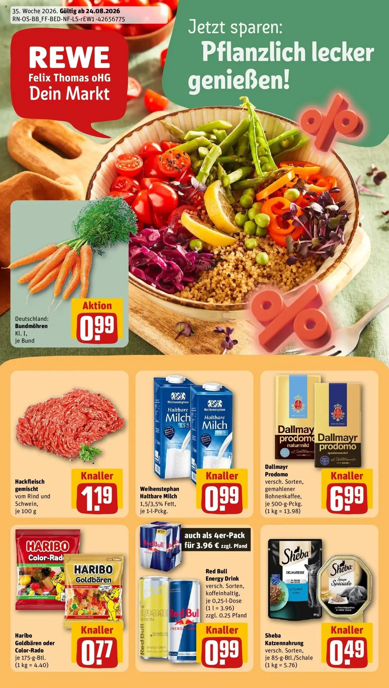 REWE Prospekt ab 24.08.2026 zum Blättern » Angebote | Seite: 1 | Produkte: Red bull, Milch, Haltbare milch, Dallmayr