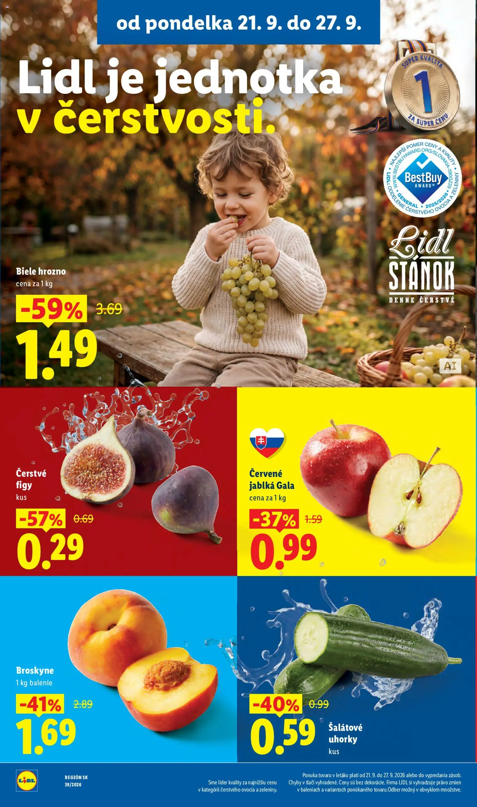 Nové Lidl akcie – leták je platný od 21.09.2026 | Strana: 20 | Produkty: Jablká, Figy, Broskyne, Uhorky