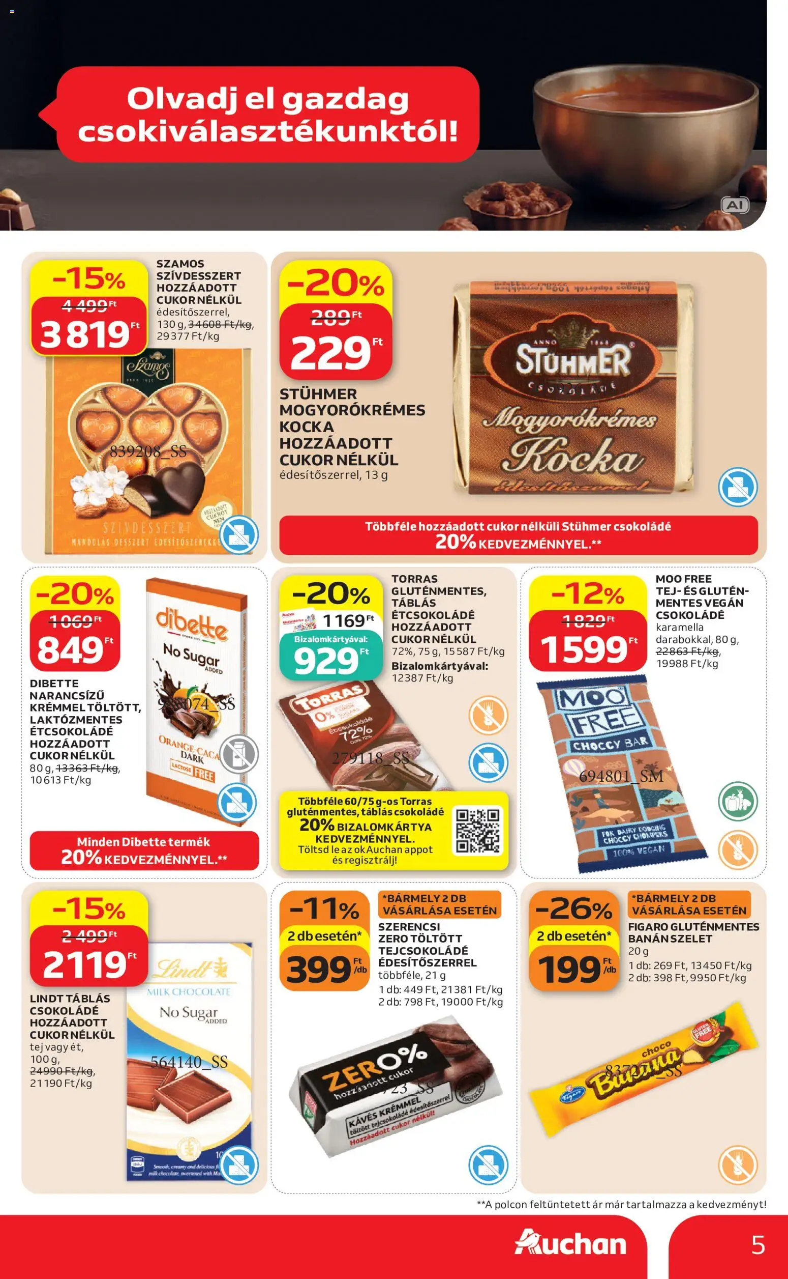 Auchan akciós ujság - amely érvényes a következő dátumtól: 2026.10.08. | Oldal: 5 | Termékek: Lindt, Étcsokoládé, Tej, Vegán