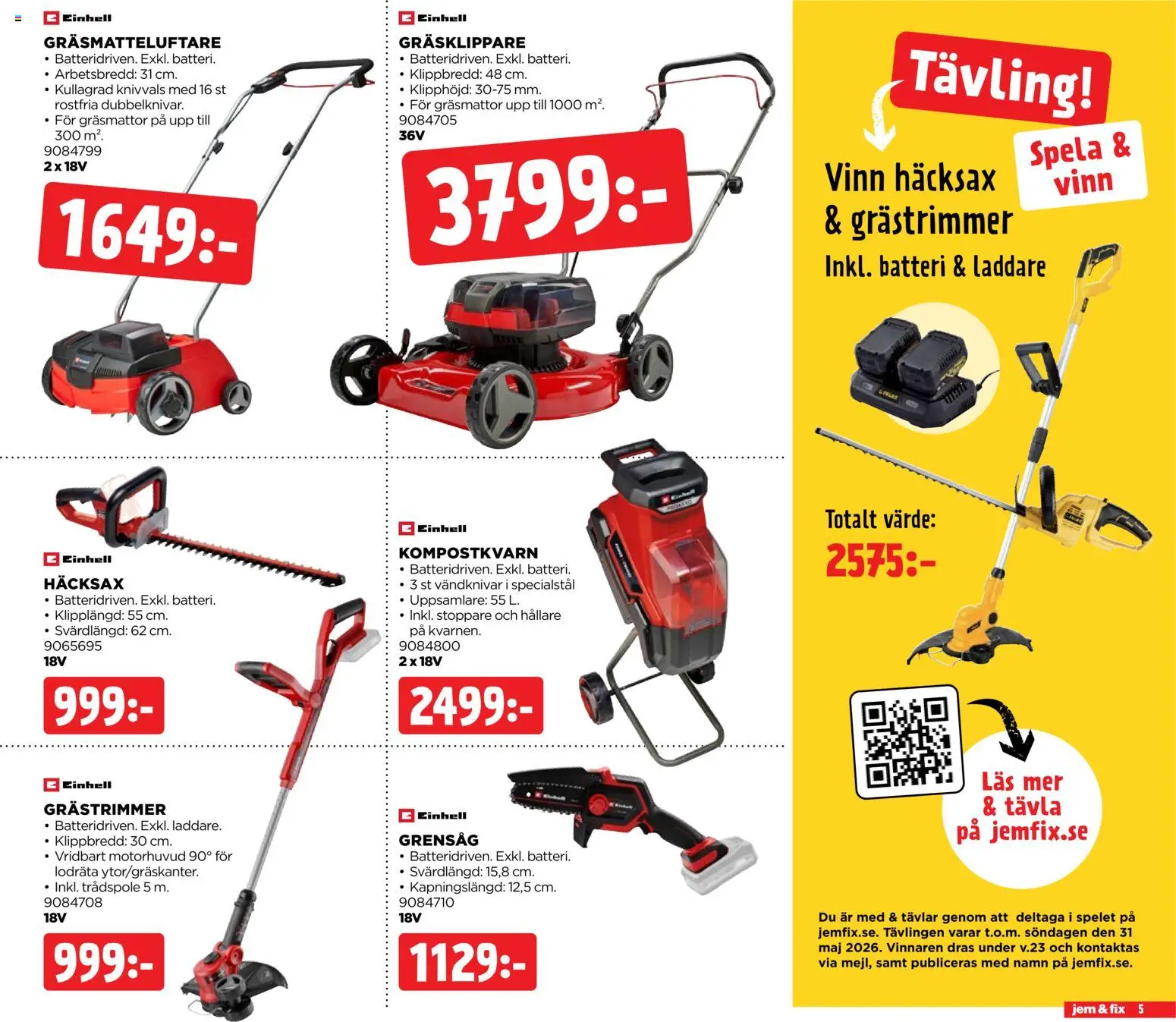 Jem & Fix reklamblad aktuell från 18.05.2026 | Sida: 5 | Produkter: Gräsklippare, Grästrimmer, Batteri, Laddare