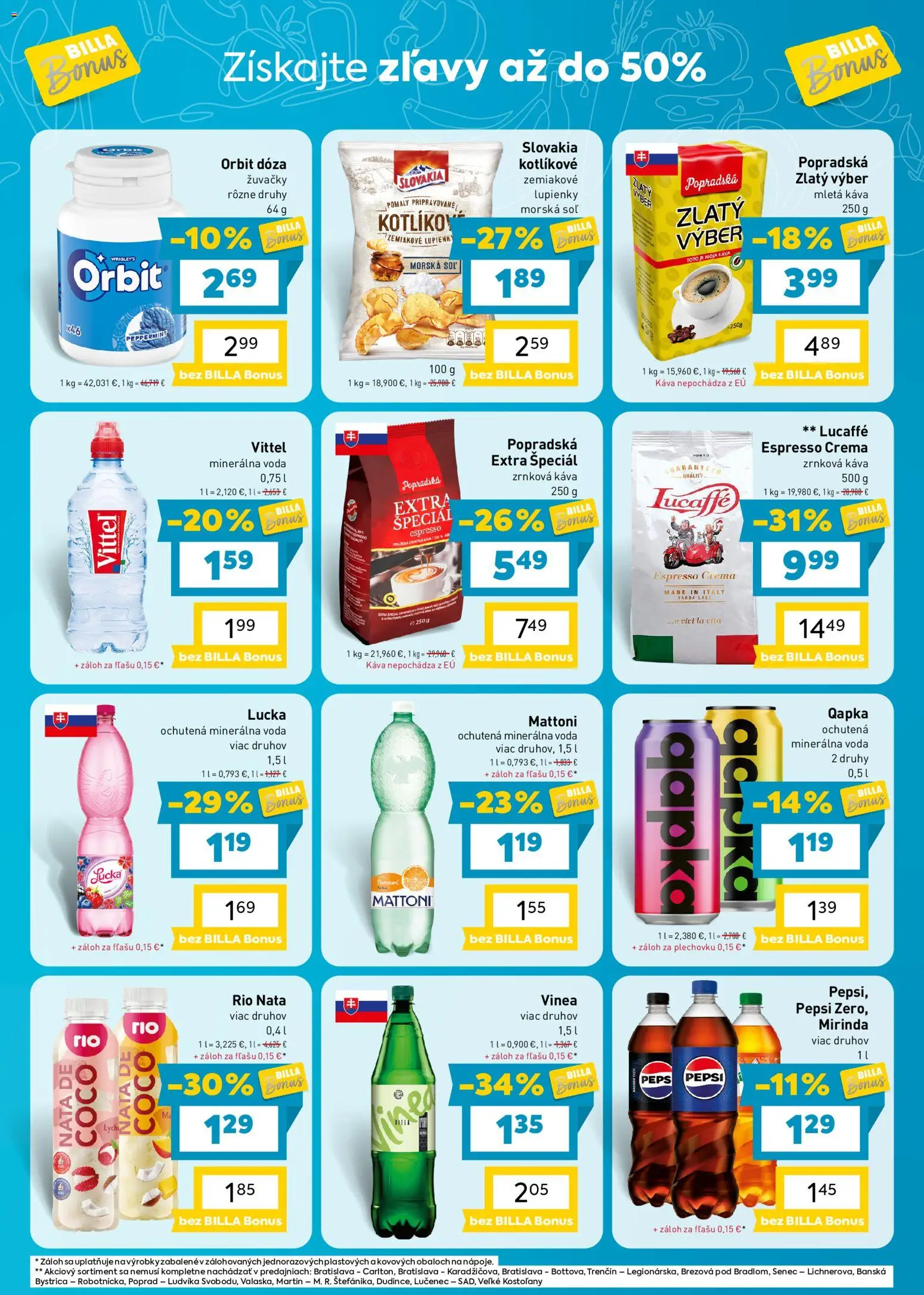 Nové Billa akcie – leták je platný od 07.10.2026 | Strana: 7 | Produkty: Mattoni, Mirinda, Mletá káva, Žuvačky