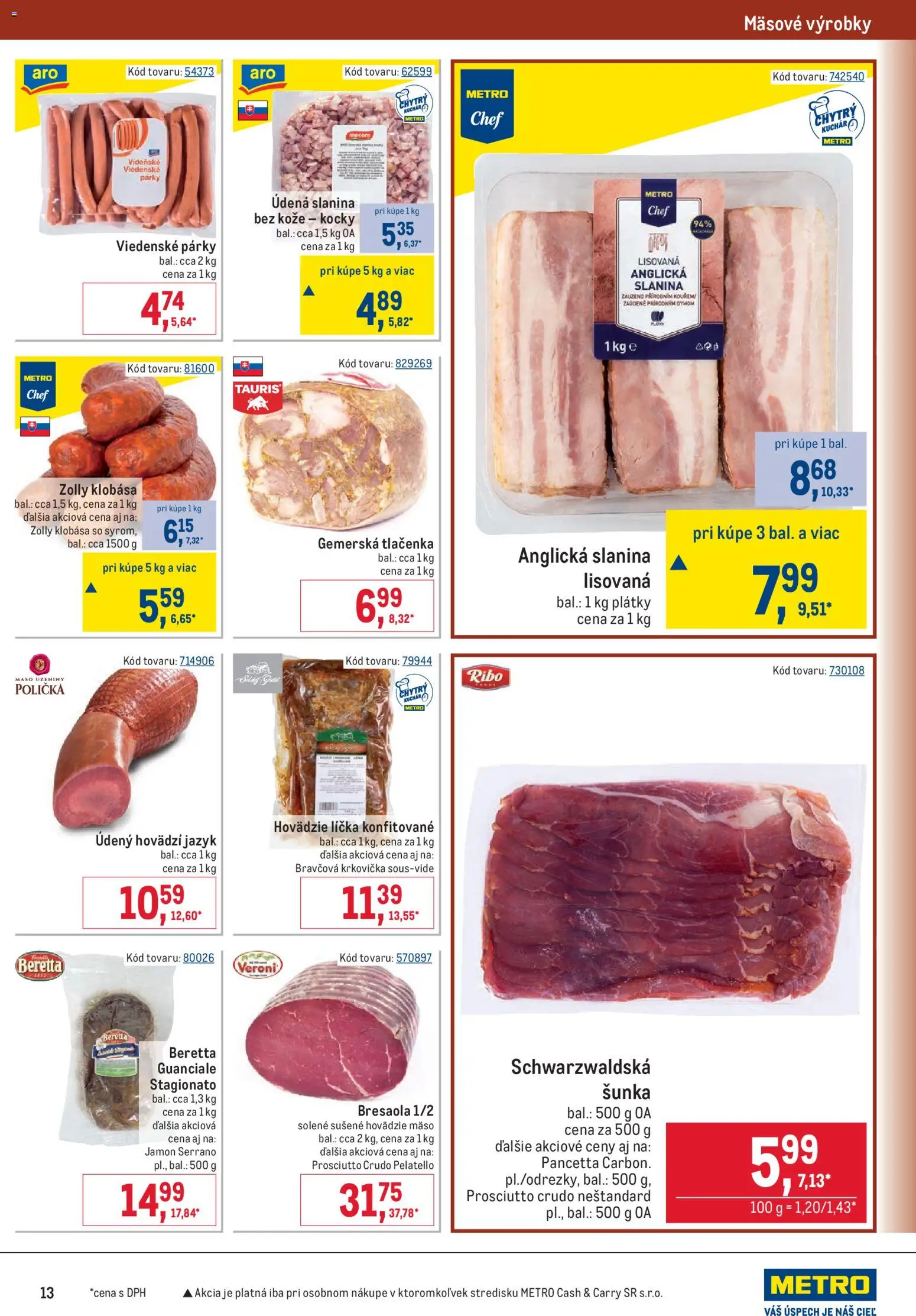 Nové Metro akcie – leták je platný od 07.10.2026 | Strana: 13 | Produkty: Jamón Serrano, Prosciutto crudo, Tlačenka, Párky