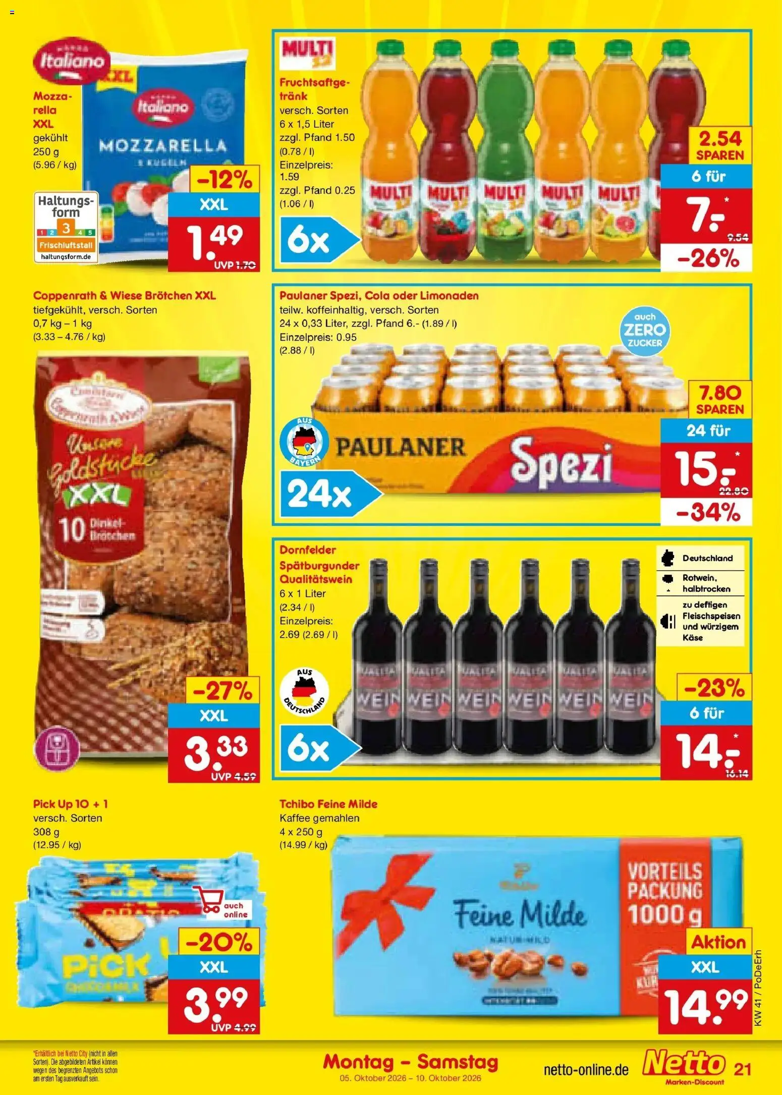 Netto Marken-Discount Prospekt München (ab 05.10.2026) » Angebote | Seite: 21 | Produkte: Cola, Käse, Paulaner spezi, Wein