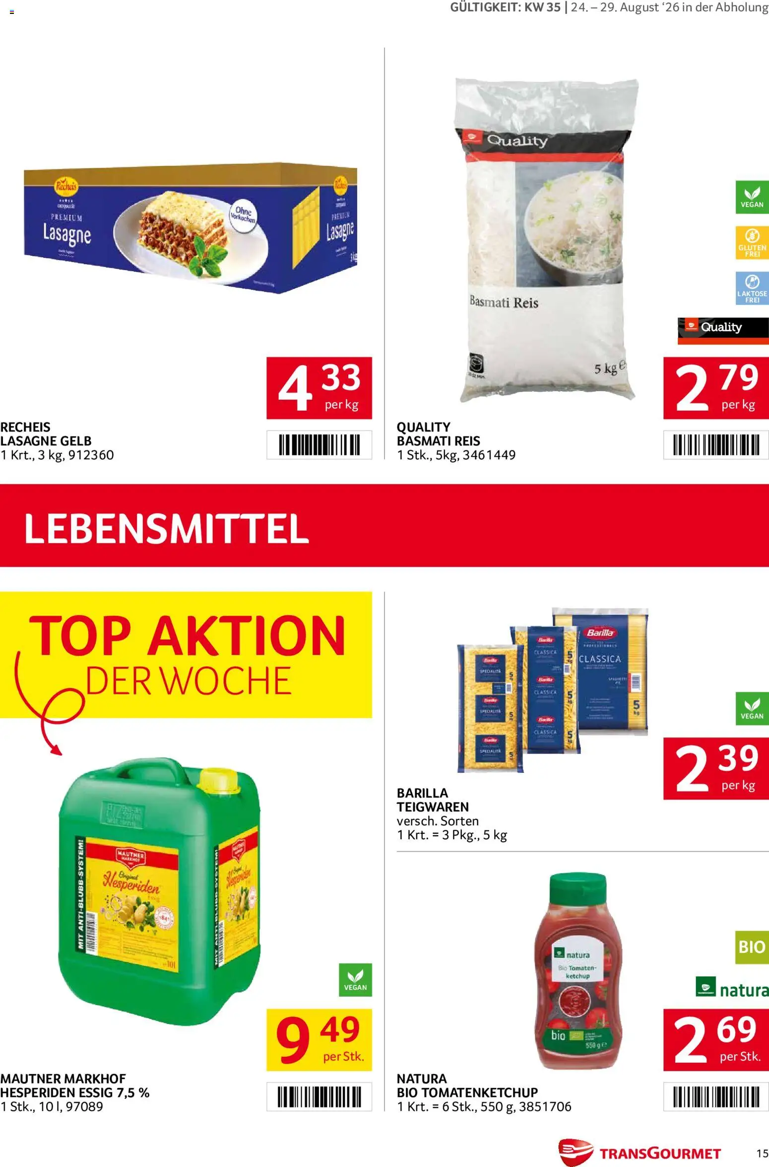 Transgourmet Flugblatt gültig ab 24.08.2026 | Seite: 15 | Produkte: Ketchup, Barilla, Tomaten, Reis
