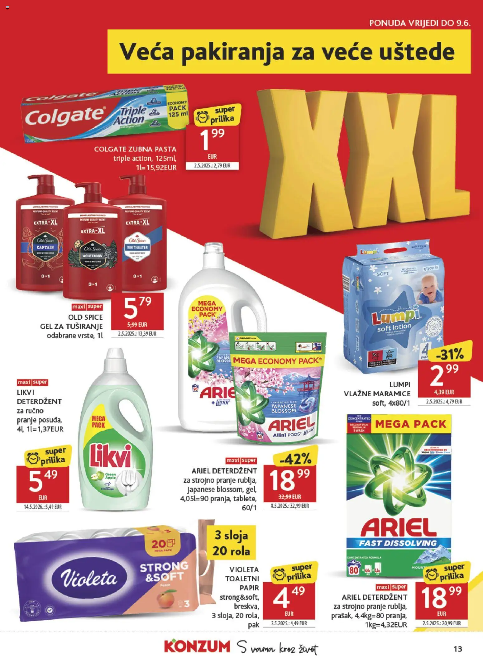 Konzum katalog | vrijedi od 27.05.2026 | Stranica: 13 | Proizvodi: Vlažne maramice, Breskva, Pasta, Violeta