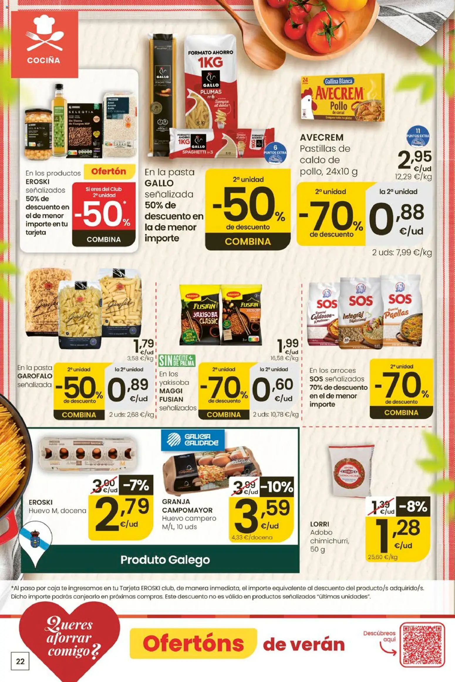 Eroski Ofertóns de verán │ válido desde el 28.05.2026 | Página: 22 | Productos: Aceite, Pasta, Té, Cocina