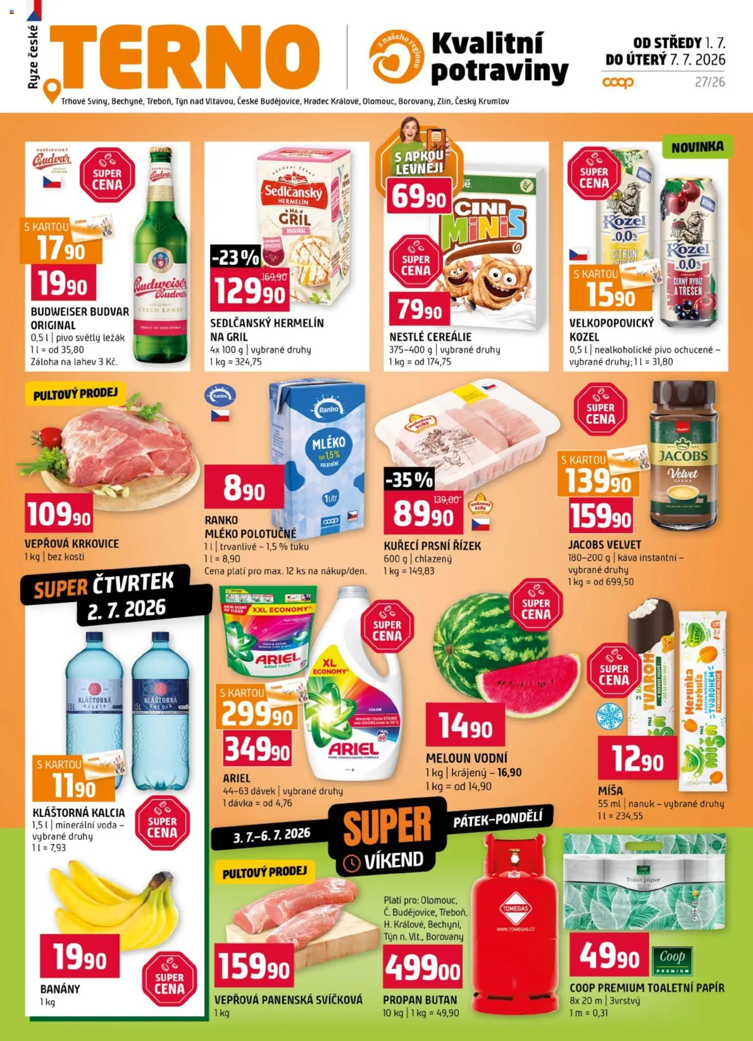 Terno leták od 01.07.2026 | Strana: 1 | Produkty: Mléko polotučné, Káva, Rýže, Vepřová krkovice
