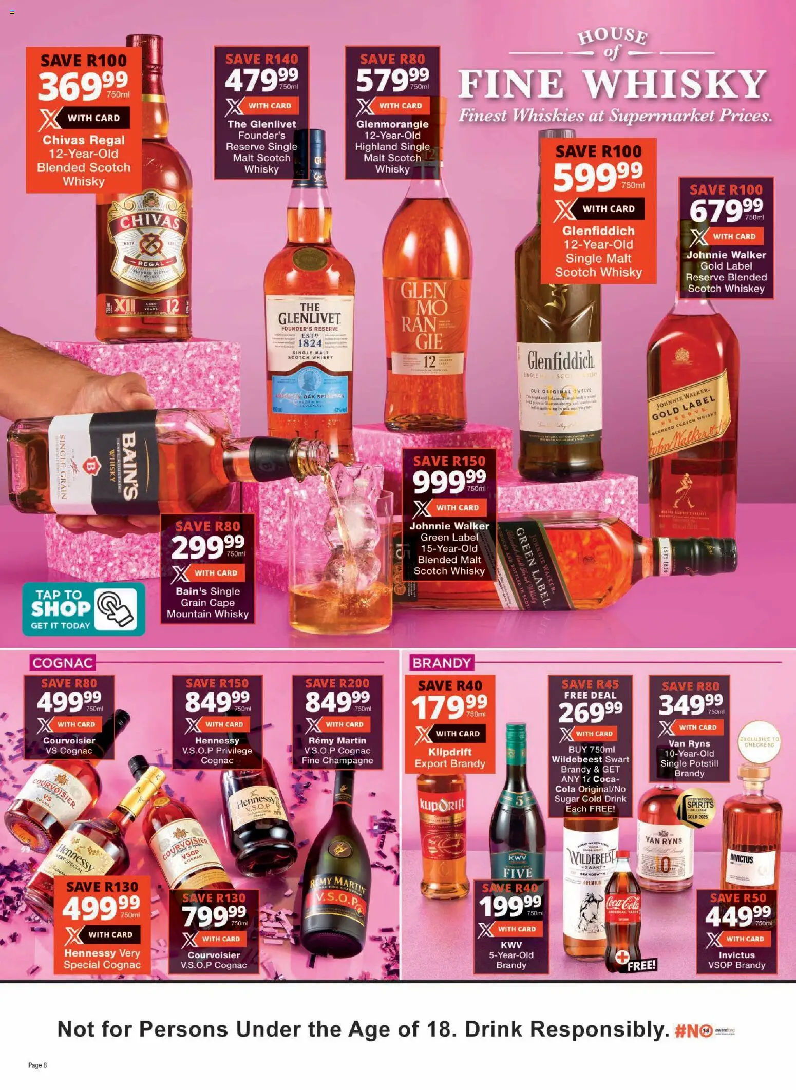 New Checkers catalogue – valid from 23.03.2026 | Page: 8 | Products: Brandy, Tap, Whiskey, Sugar