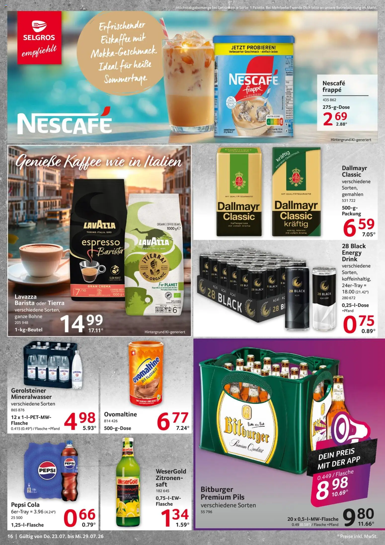 Selgros Prospekt – gültig ab 23.07.2026 | Seite: 16 | Produkte: Cola, Kaffee, Pils, Gerolsteiner