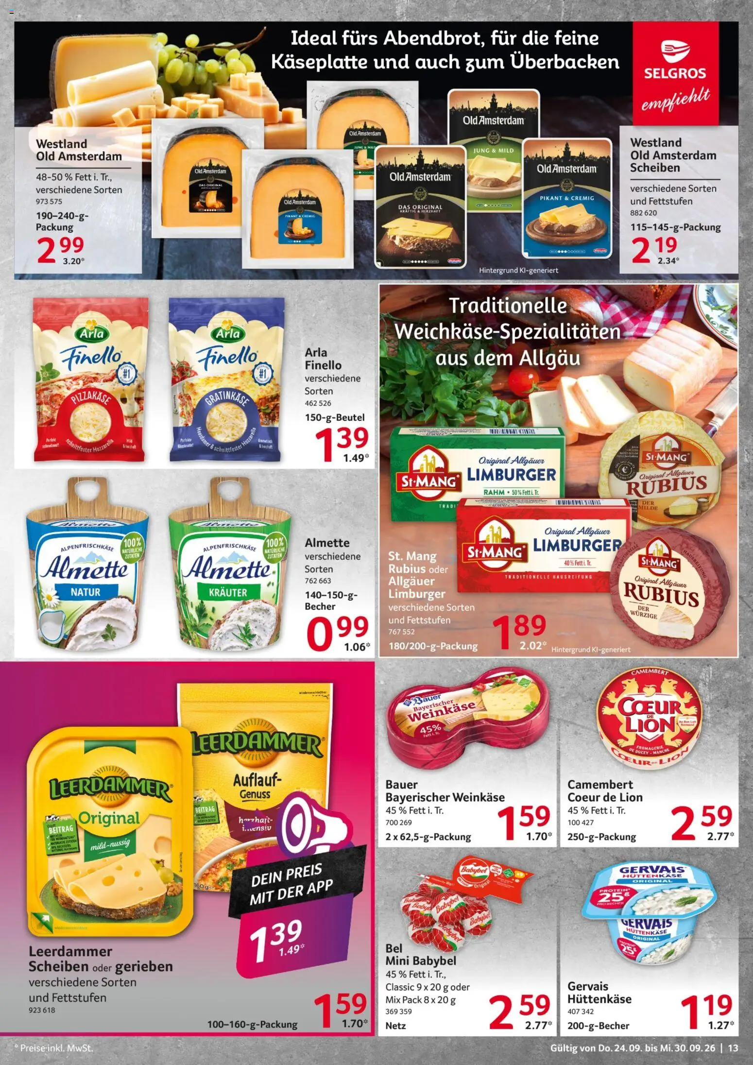 Selgros Prospekt – gültig ab 24.09.2026 | Seite: 13 | Produkte: Almette, Leerdammer, Babybel, Hüttenkäse