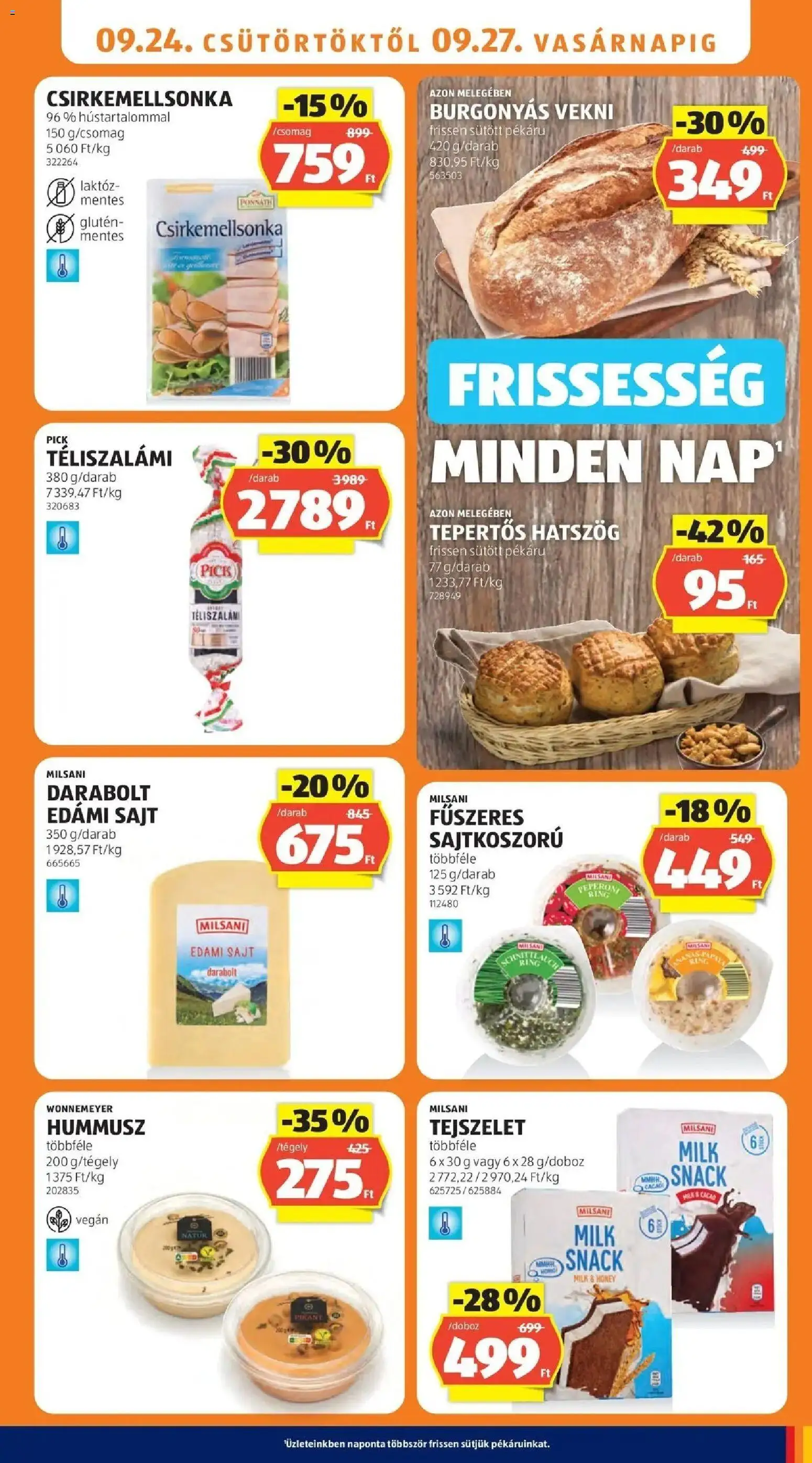 Aldi aktuális akciós újság - 2026.09.19. -tól/töl > akció, lapozható szórólap 🛍️ | Oldal: 9 | Termékek: Milsani, Pick, Sajt, Vekni