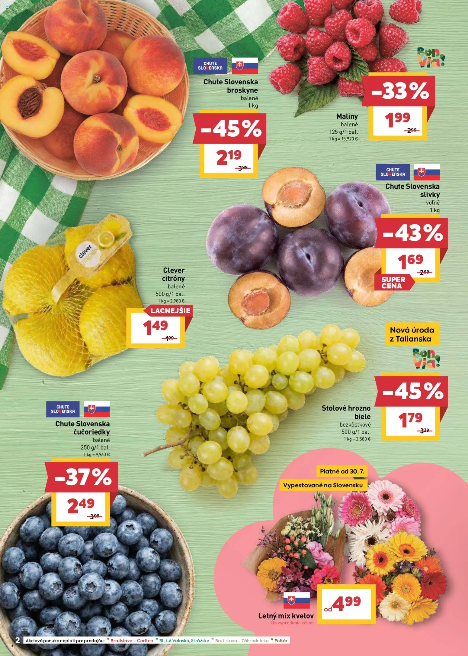 Nové Billa akcie – leták je platný od 29.07.2026 | Strana: 2 | Produkty: Citróny, Čučoriedky, Slivky, Broskyne