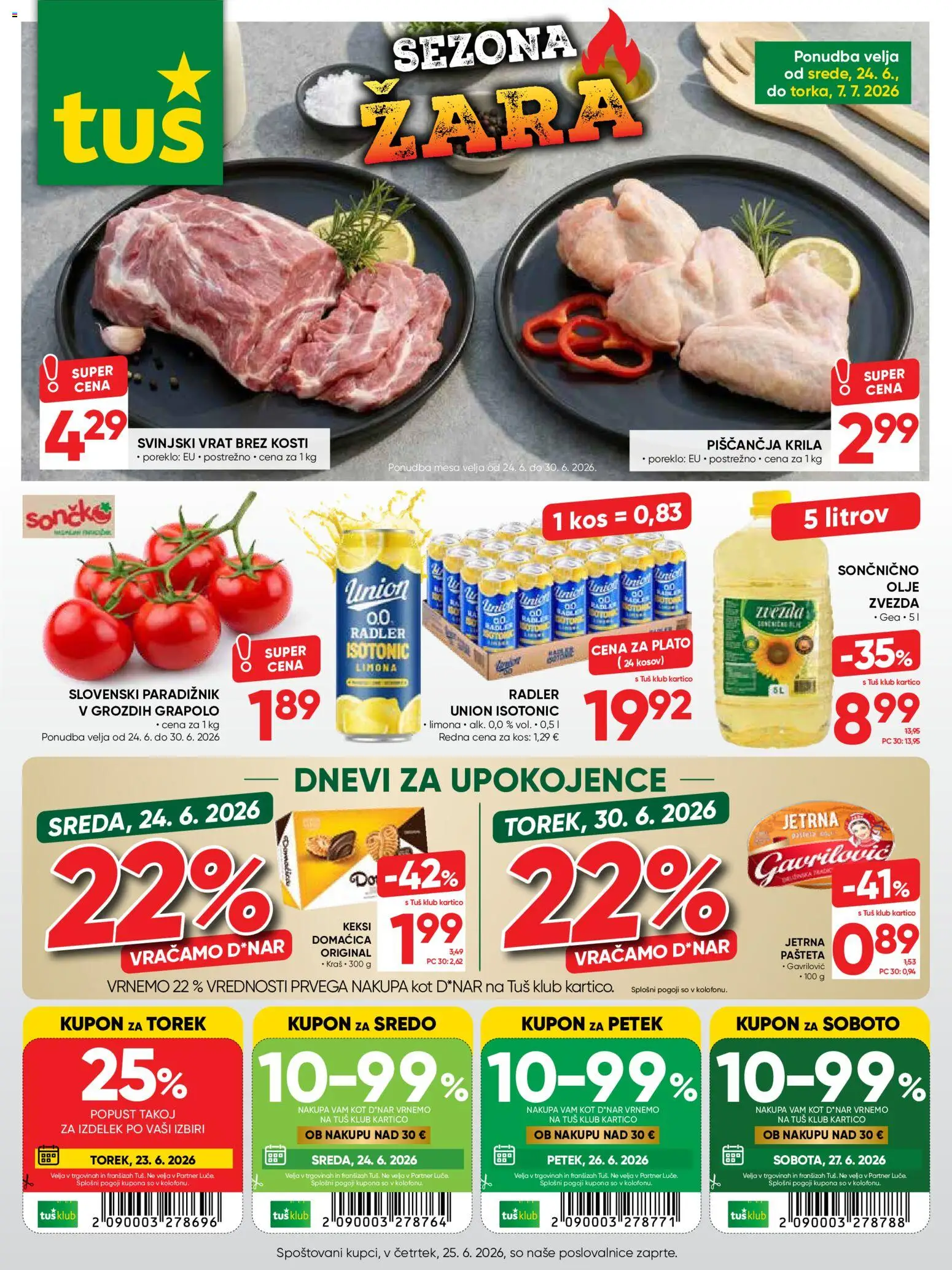 Novi Tuš katalog ponudbe – veljaven od 24.06.2026 | Stran: 1 | Izdelki: Keksi, Pašteta, Piščančja krila, Radler