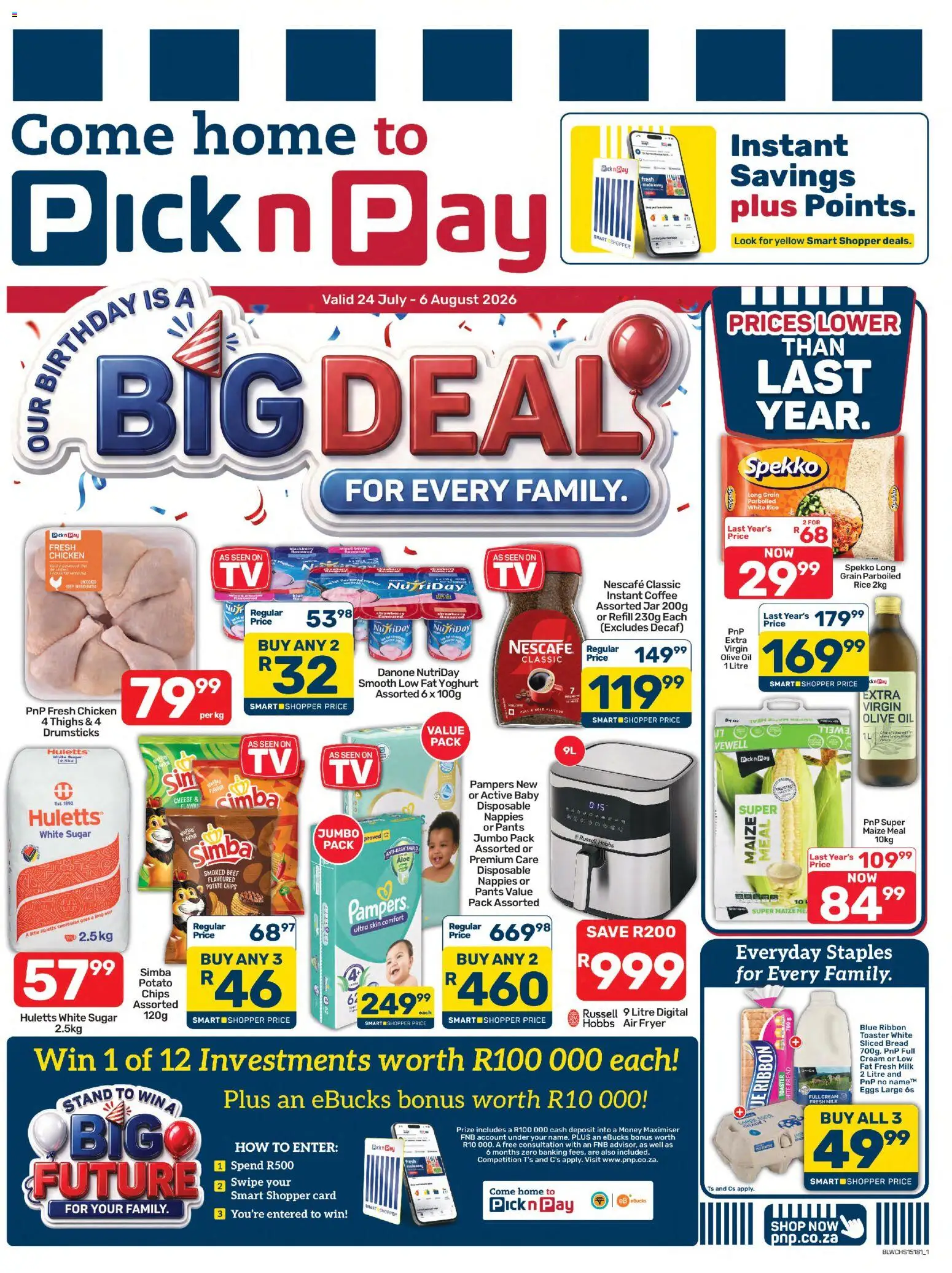 New Pick n Pay catalogue – valid from 24/07/2026 | Page: 1 | Products: Maize meal, Air fryer, Coffee, Estuche organizador de viaje