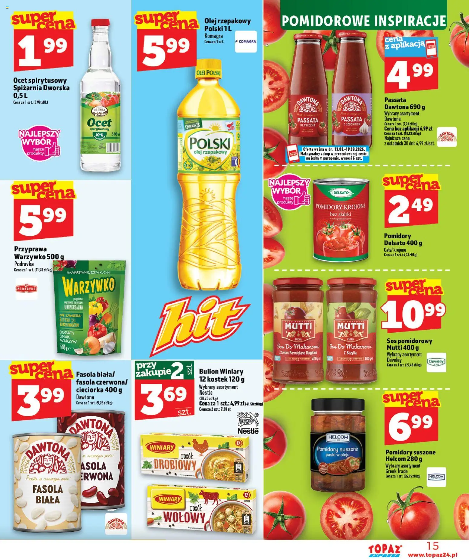Topaz gazetka - Express od 13.08.2026 | Strona: 15 | Produkty: Ocet spirytusowy, Olej rzepakowy, Cieciorka, Olej