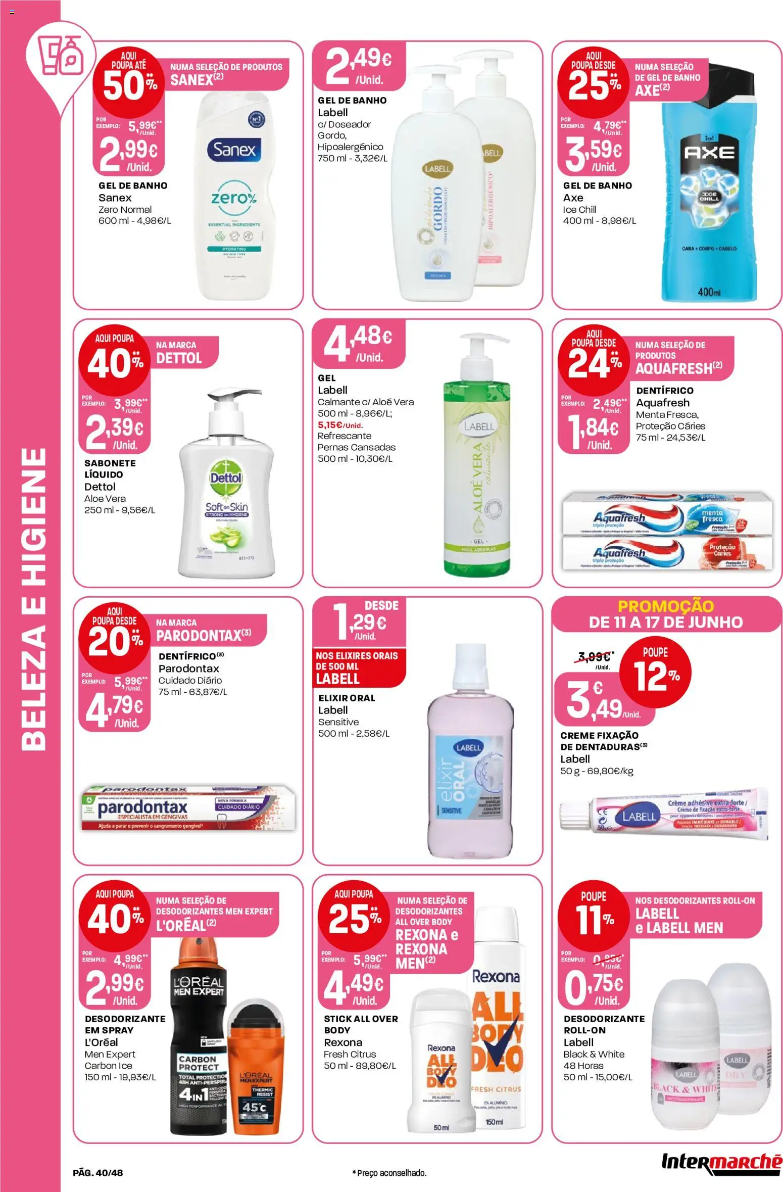 Intermarché folheto │ válido de 11.06.2026 | Página: 40 | Produtos: Gel de banho, Desodorizante, Banho, Creme