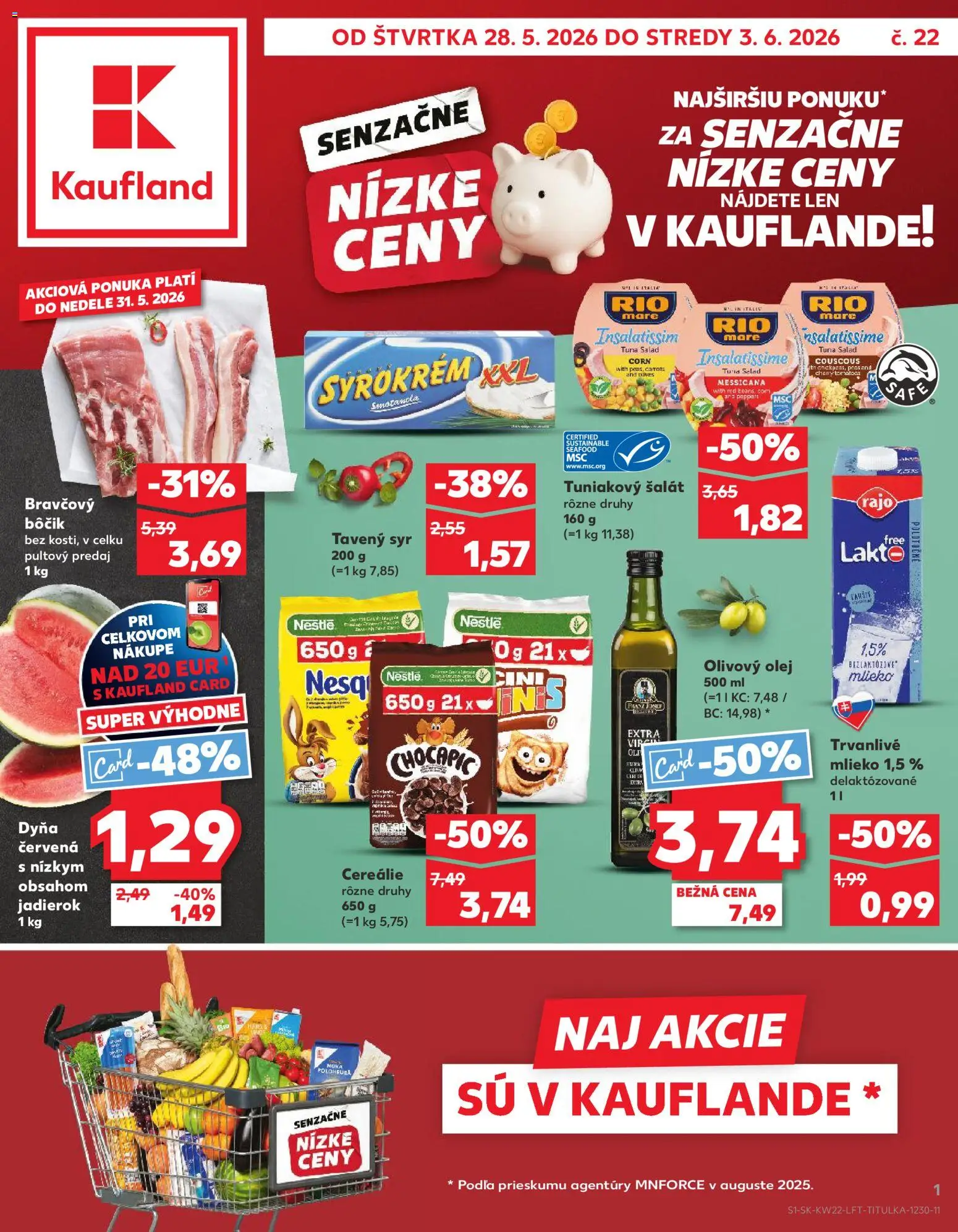 Nové Kaufland akcie – leták je platný od 28.05.2026 | Strana: 1 | Produkty: Mlieko, Bravčový bôčik, Chocapic, Šalát