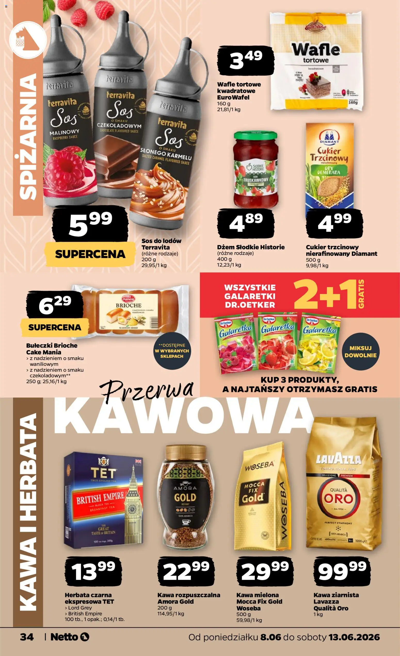 Netto gazetka od poniedziałku spożywcza od 08.06.2026 | Strona: 34 | Produkty: Galaretka, Kawa ziarnista, Cukier trzcinowy, Herbata