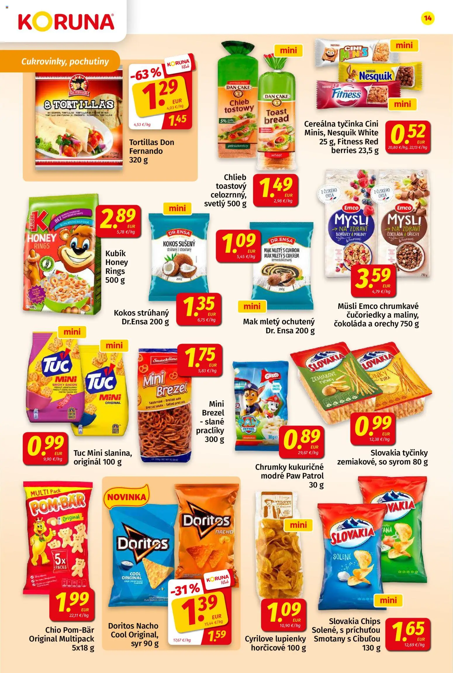 Nové Koruna akcie – leták je platný od 28.08.2026 | Strana: 14 | Produkty: Orechy, Nesquik, Maliny, Mak