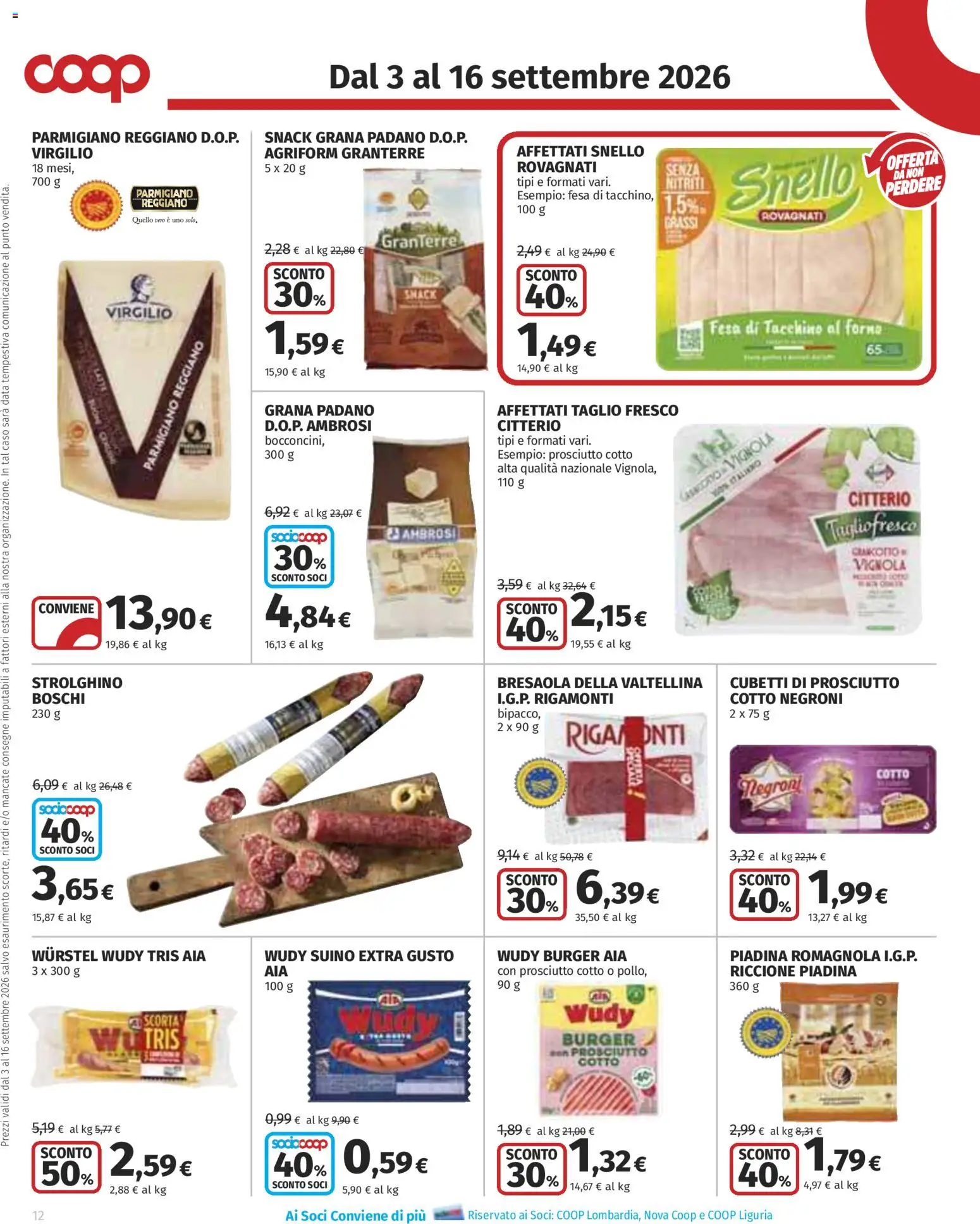 Volantino COOP del 03/09/2026 | Pagina: 12 | Prodotti: Prosciutto Cotto, Taglio, Grana Padano, Parmigiano reggiano