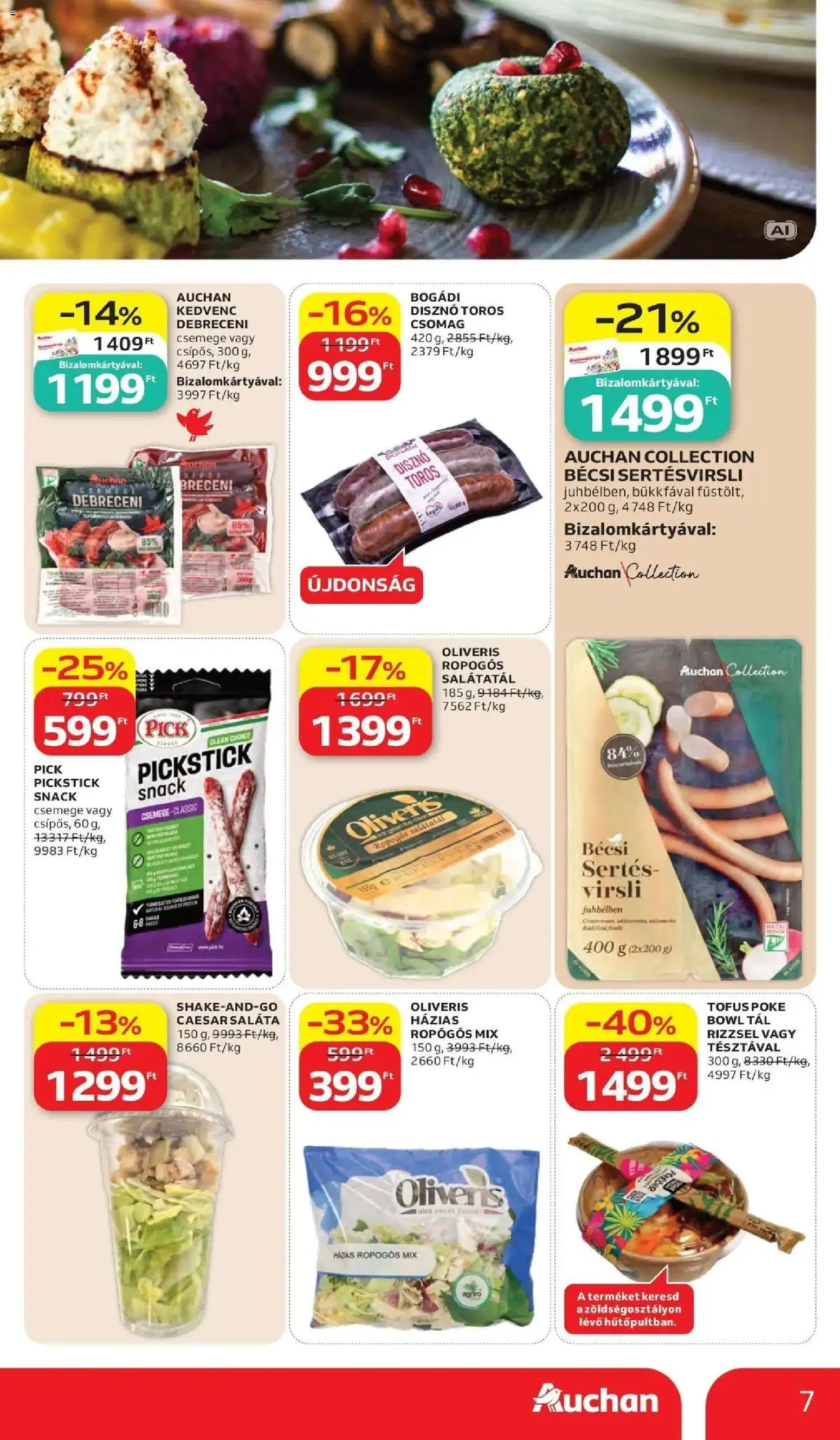 Auchan akciós újság Szolnok - 2026.10.15. -tól/töl > akció, lapozható szórólap 🛍️ | Oldal: 7 | Termékek: Virsli, Debreceni, Pick, Sertés virsli