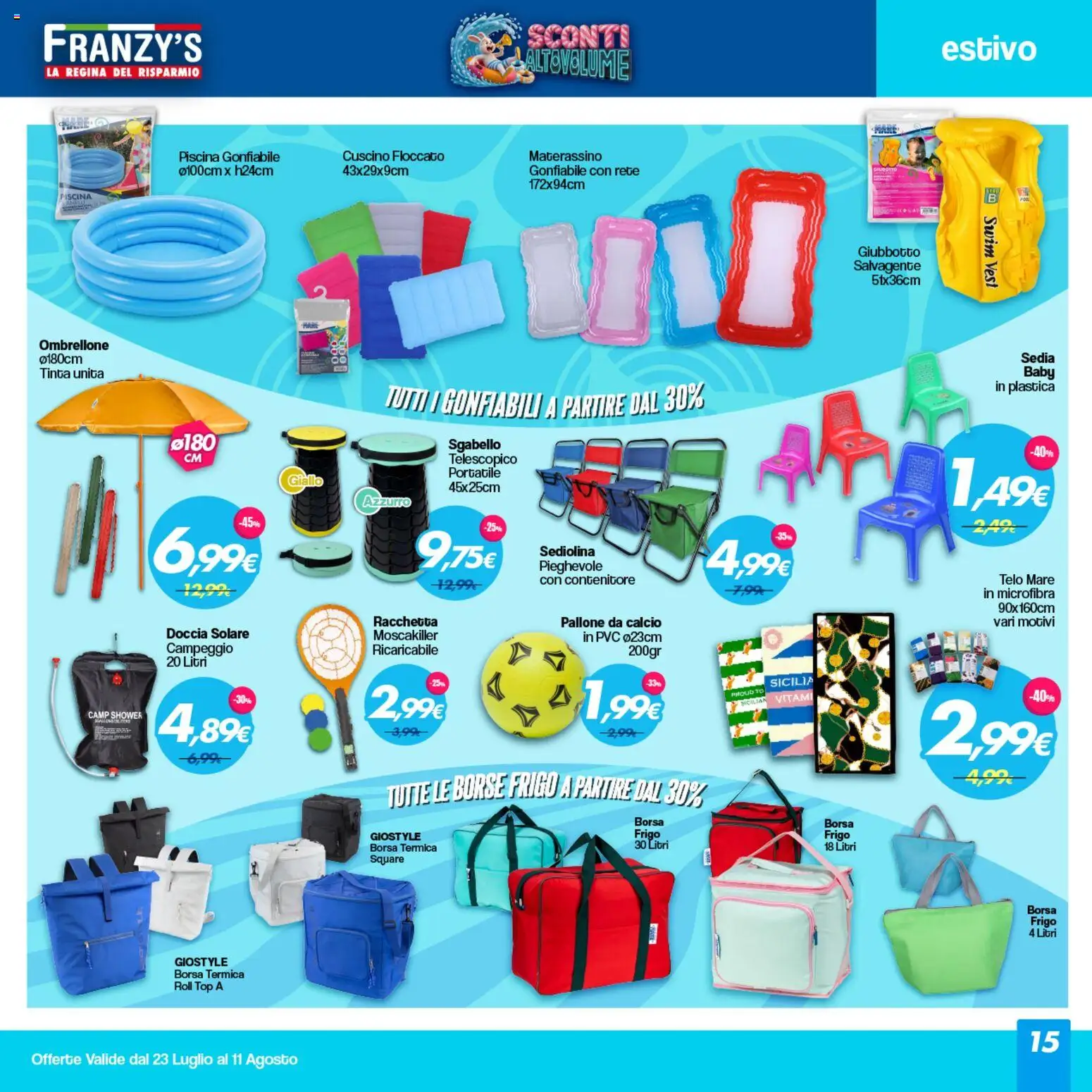 Volantino Franzy's del 23/07/2026 | Pagina: 15 | Prodotti: Top, Piscina, Salvagente, Borsa