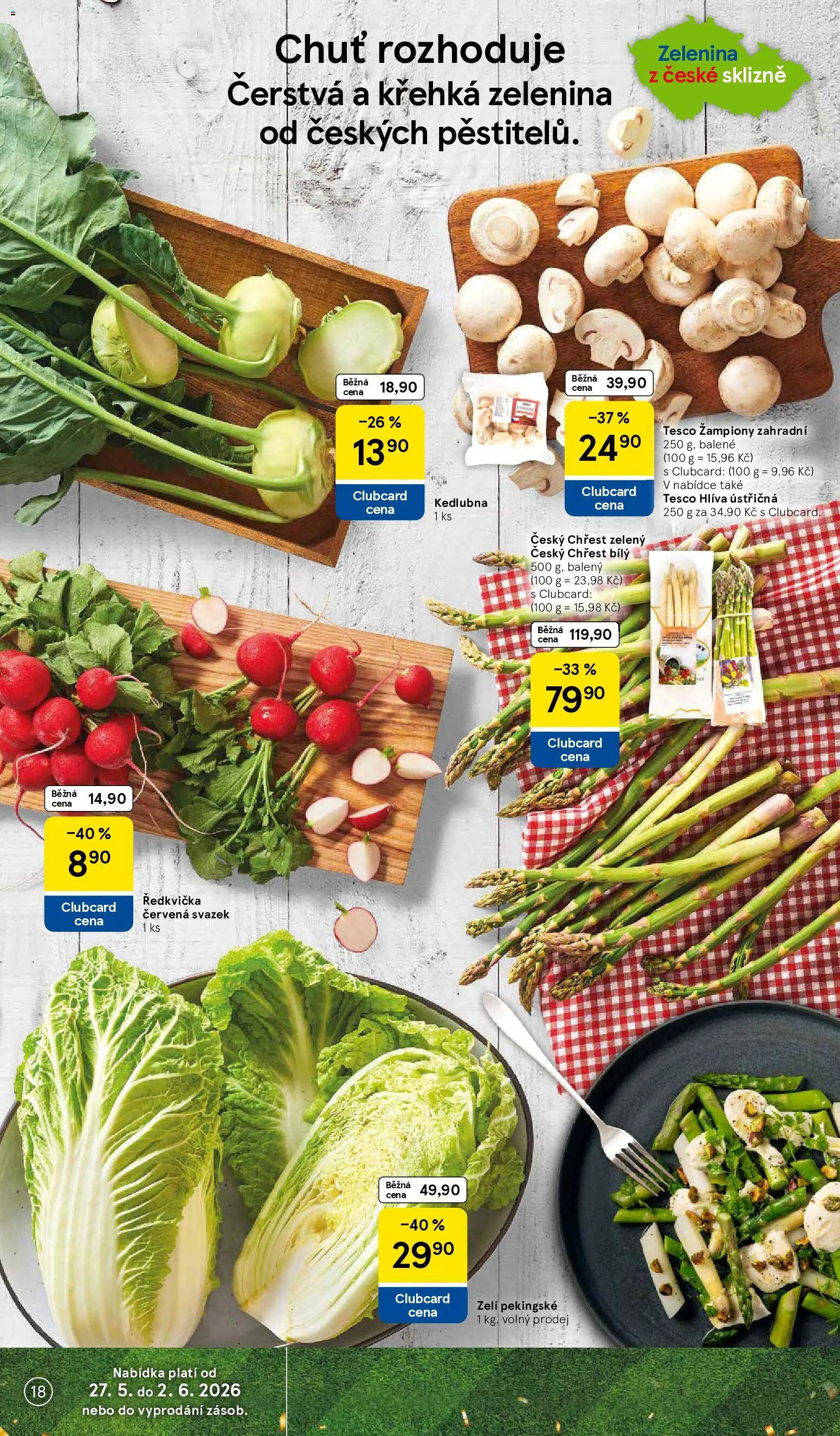 Tesco leták - Hypermarket od 27.05.2026 | Strana: 18 | Produkty: Hlíva ústřičná, Zelí, Chřest, Kedlubna